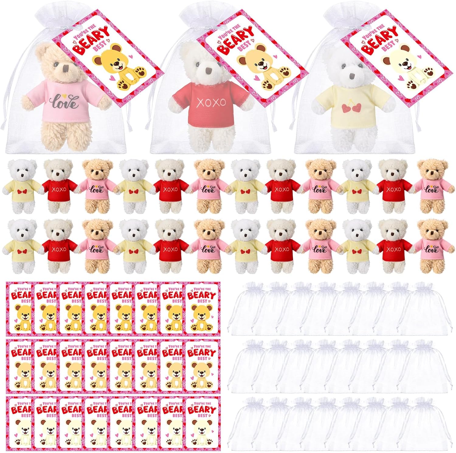 Jenaai 24 Set Valentine‘s Day Mini Teddy Bear Gift Bulk 5.1 Inch Valentines Day Stuffed Animals Plush Toys Small Cute Bear with Greeting Cards and Organza Bag for Girlfriend Birthday Party (Classic)