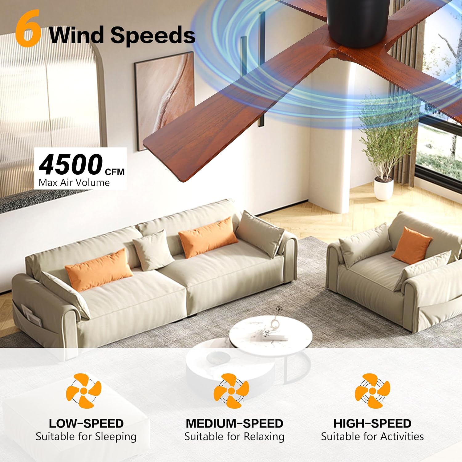 WINGBO 48 Inch Flush Mount DC Ceiling Fan Without Lights, 4 Carved Wood Blades, 6-Speed Reversible DC Motor, Low Profile Ceiling Fan No Lights for Indoor and Outdoor, Black and Walnut, ETL Listed