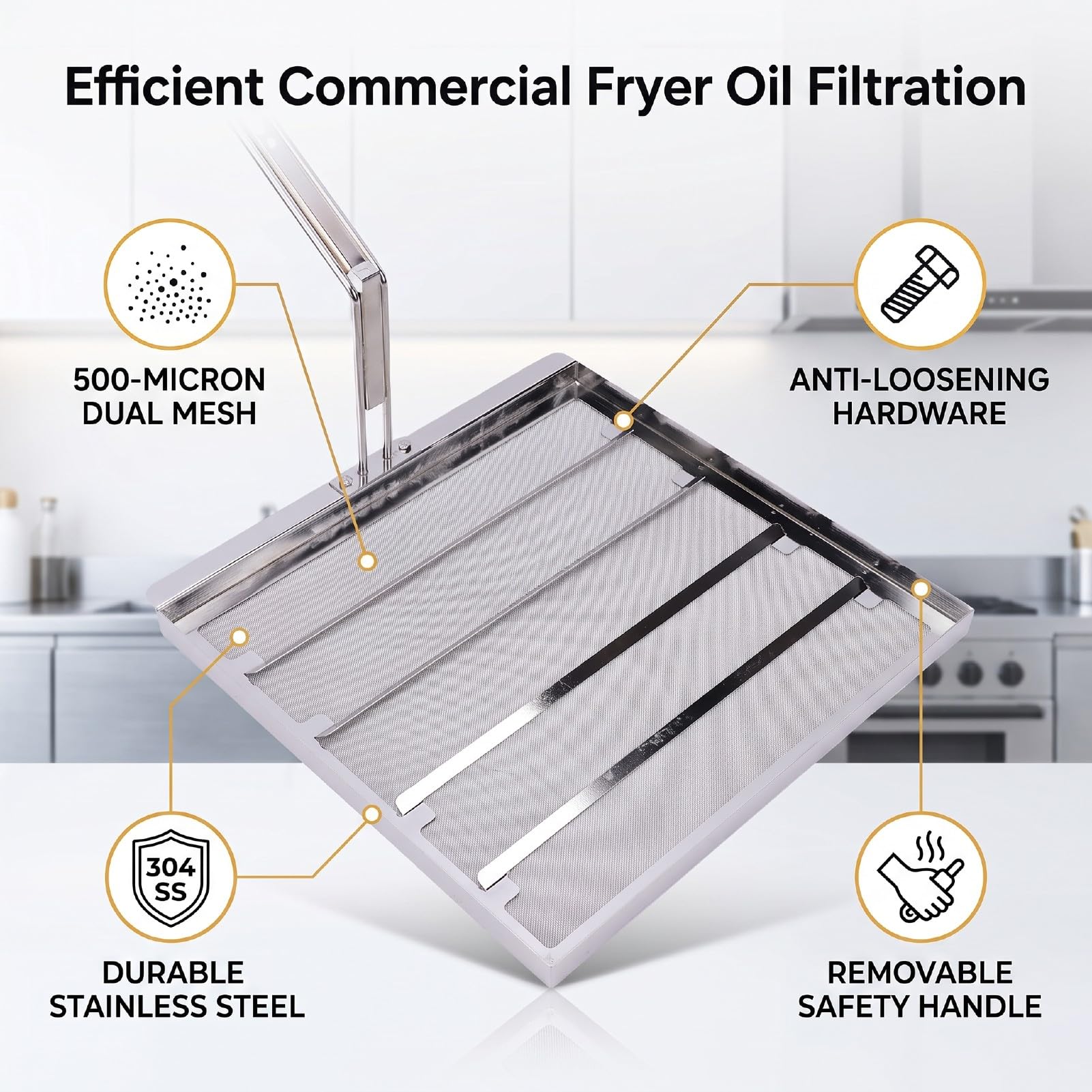 Generic Schermo Filtro per Friggitrice, Filtro Olio in Acciaio Inossidabile 304 con Maglia da 500 Micron con Kit di Fissaggio Migliorato, per la Sostituzione della Friggitrice