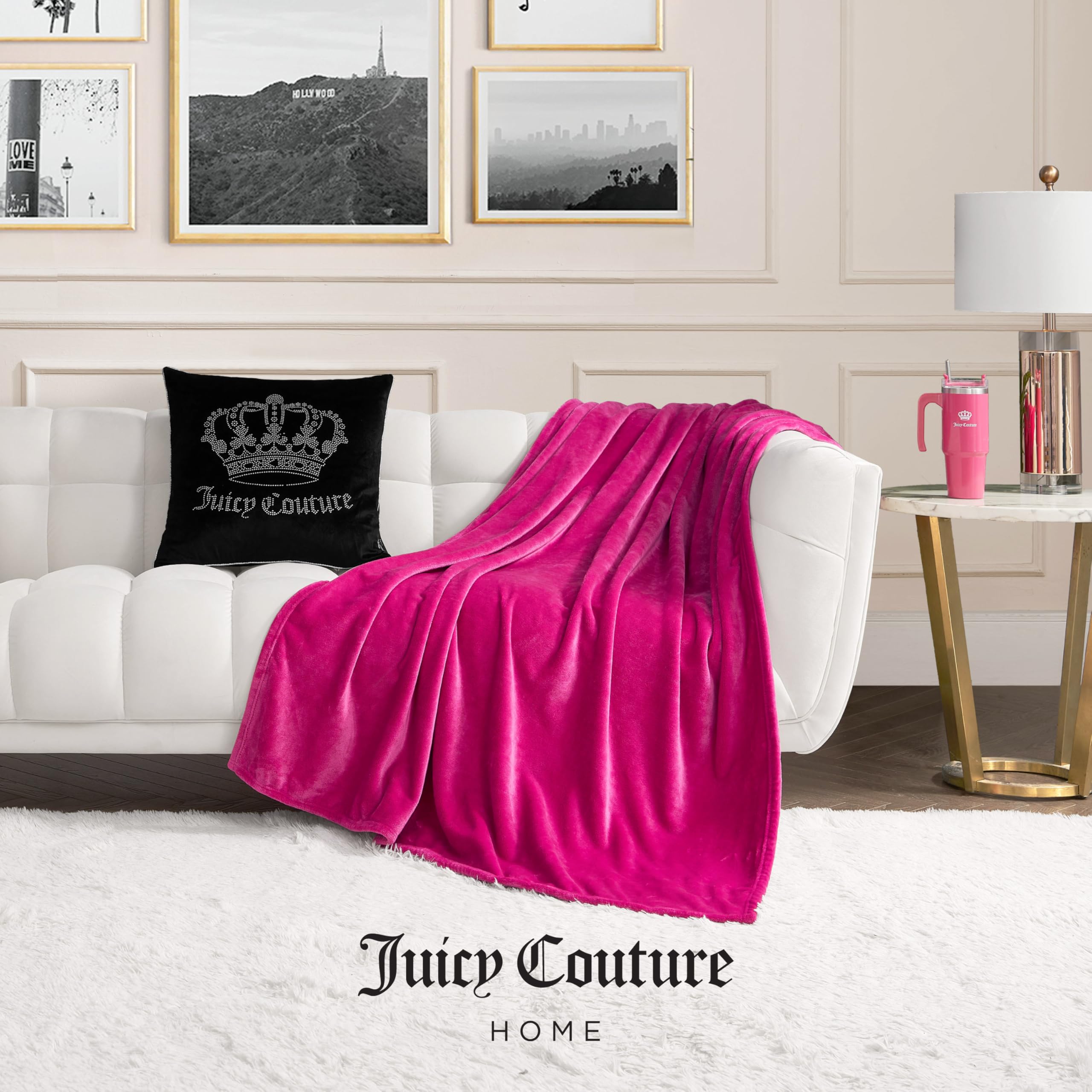 Juicy Couture – Throw Blanket | Juicy Emblem | Plush and Cozy | Decorative Blankets for Sofas, Chairs and Beds| Luxurious and Soft | Chic Home Décor | Measures 50” x 70” | Pink/Black/White: Hot Pink 50"X70"
