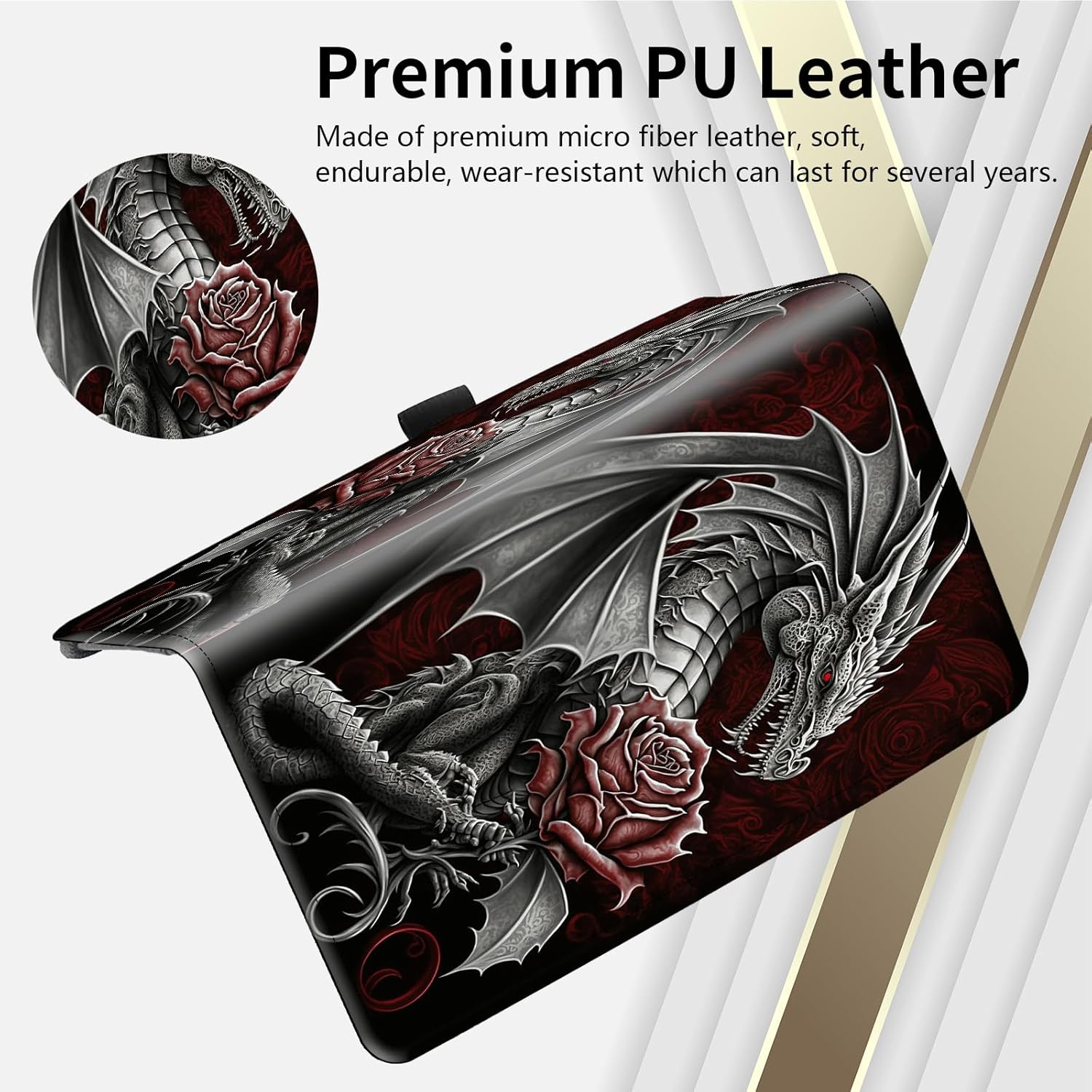 Checkbook Cover for Women Checkbook Holder Wallet,RFID Blocking Checkbook Case,Leather Men Check Book Holder Wallet with Elastic Strap Card Slots Pen Holder-Rose Dragon - Image 6