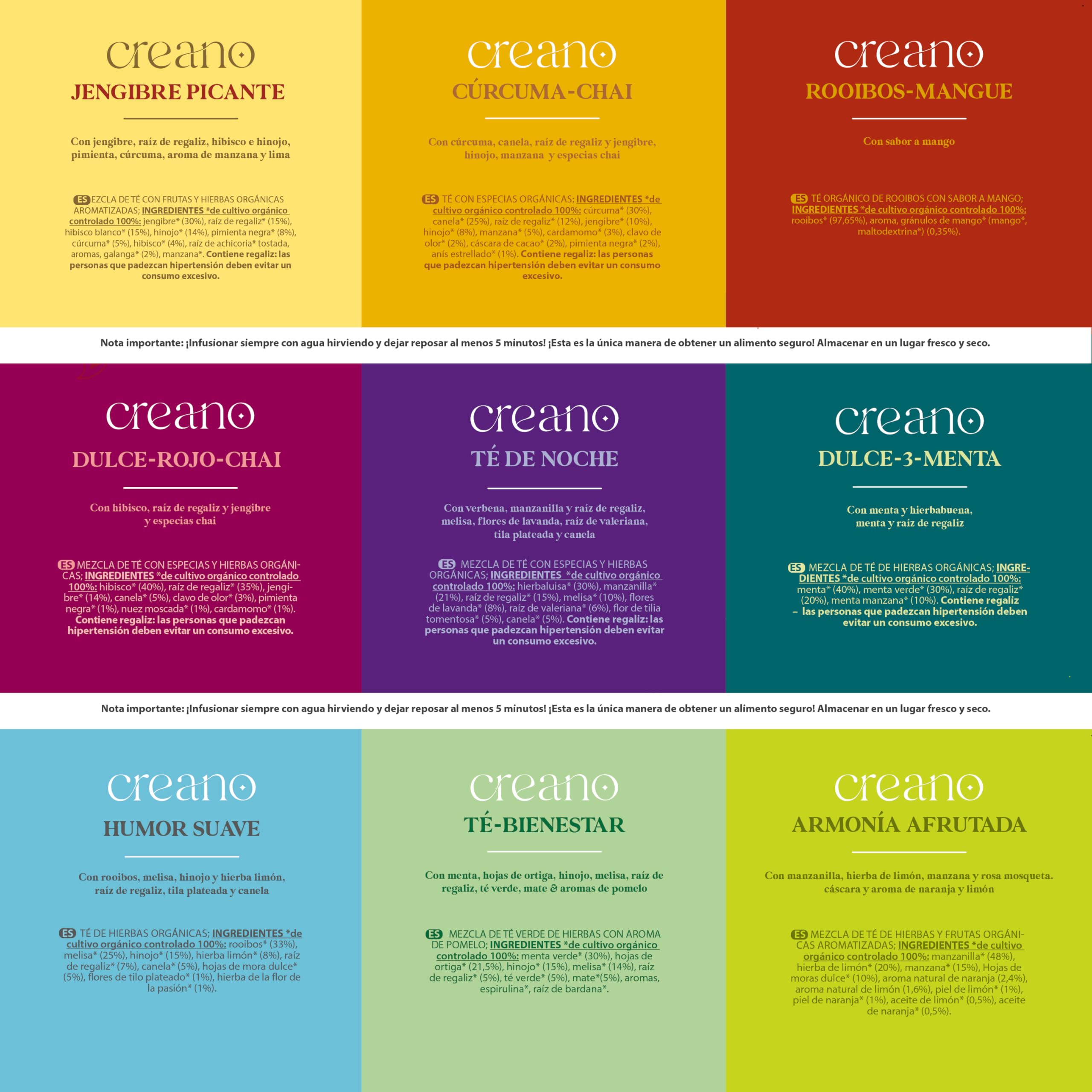 Creano Organic Herbal Tea Caja Bio 27 Bolsitas 9 Variedades Infusiones Formato Degustación Relax