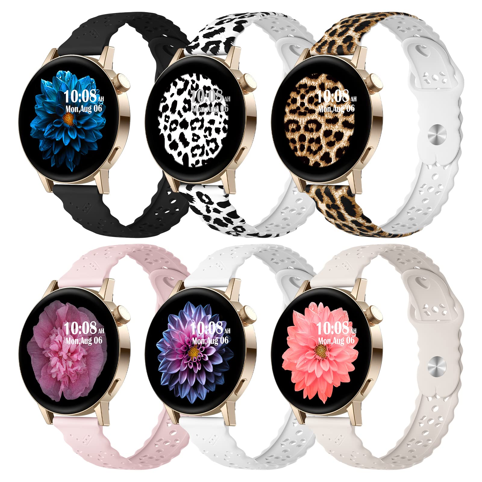 6 Pack Bands Compatible with Samsung Galaxy Watch 6/5/4 40mm 44mm,Watch 6 Classic 43mm 47mm/5 Pro 45mm/Watch 4 3 Classic Band 42mm 46mm/Active 2, 20mm Slim Sport Lace Silicone Wristband for Women Men