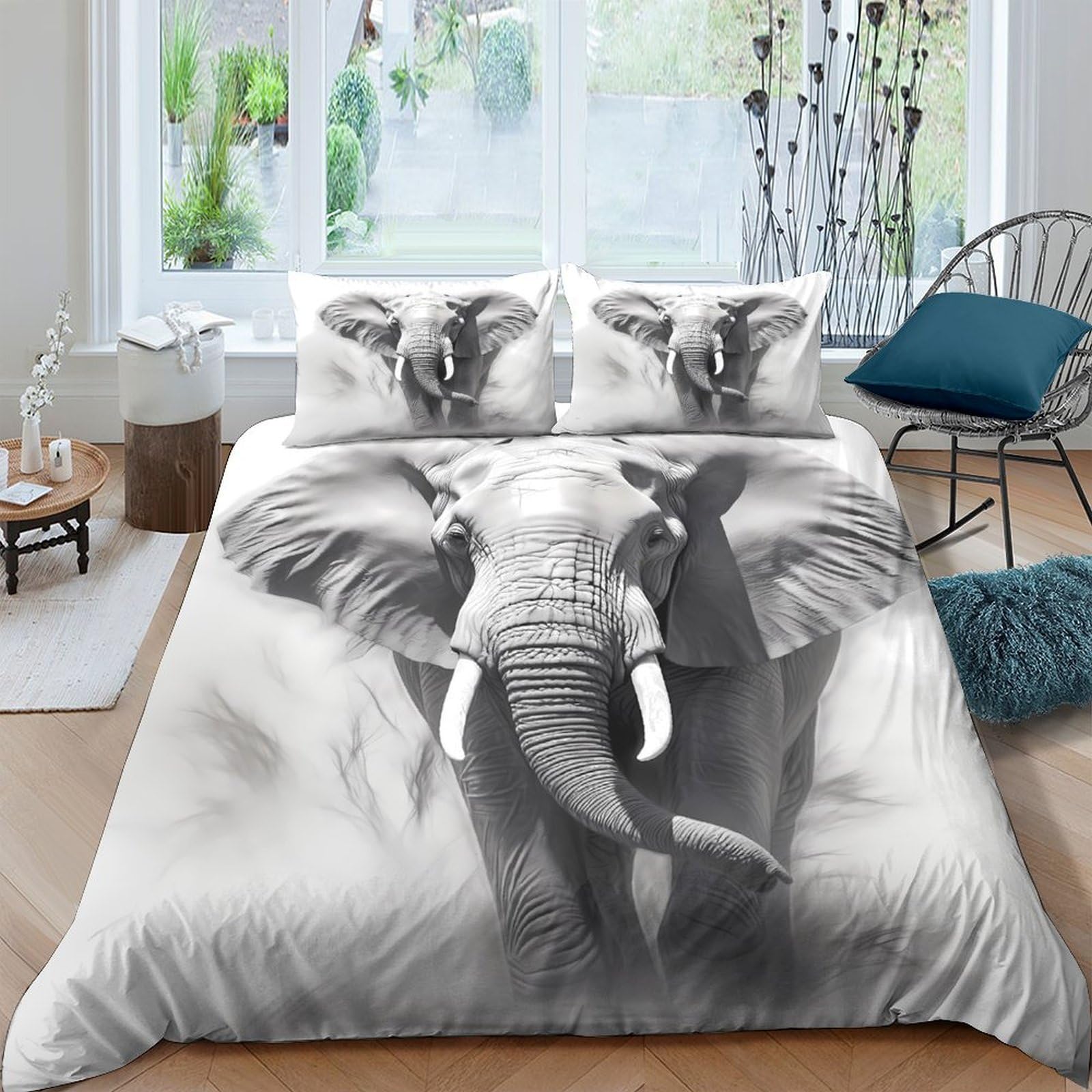 GPLZQXKJNH 3D Printed Elephant Safari Duvet Cover Set Microfiber Soft Breathable Wildlife Animal Bedding with 2 Pillowcases for Bedroom Decor Single（135x200cm）