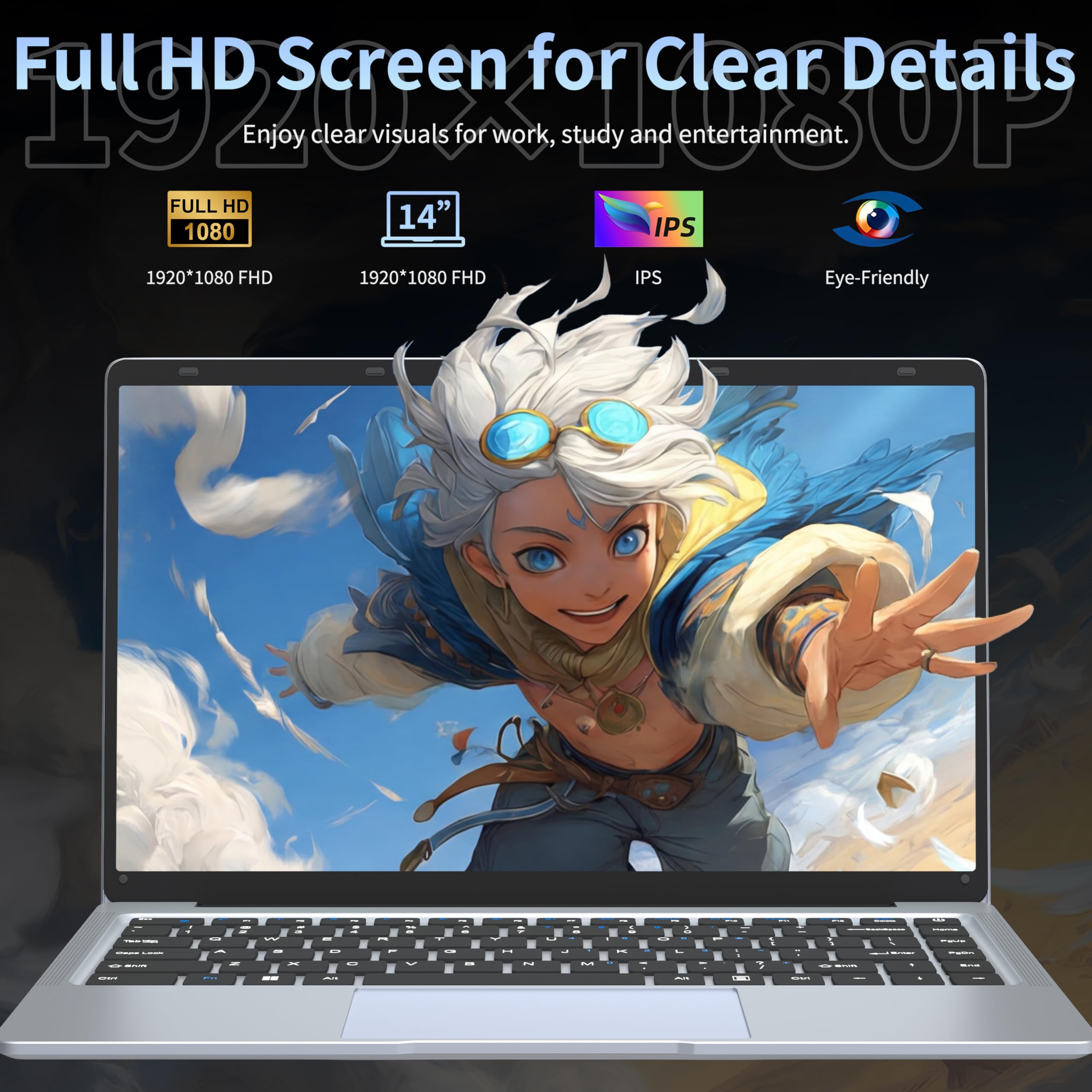 14" Silver Laptop Perfect for Study, Work, FHD IPS Display Celeron J4125 8GB DDR4, 256GB SSD Laptop Notebook, Ultra-Thin|180° Opening|USB3.0 (GB, 256) — view 3