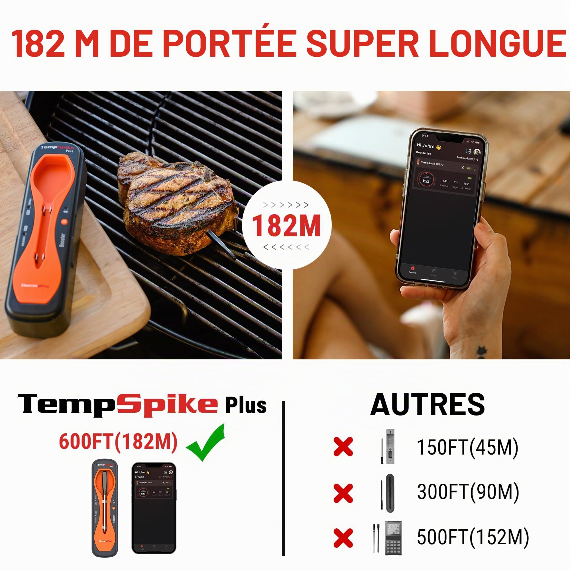ThermoPro TempPro Plus Thermomètre de Cuisine Sans Fil 180M avec Sonde Mince Améliorée, Thermomètre à Viande Bluetooth pour Grillades, Thermomètre Alimentaire pour BBQ, Rôtisserie