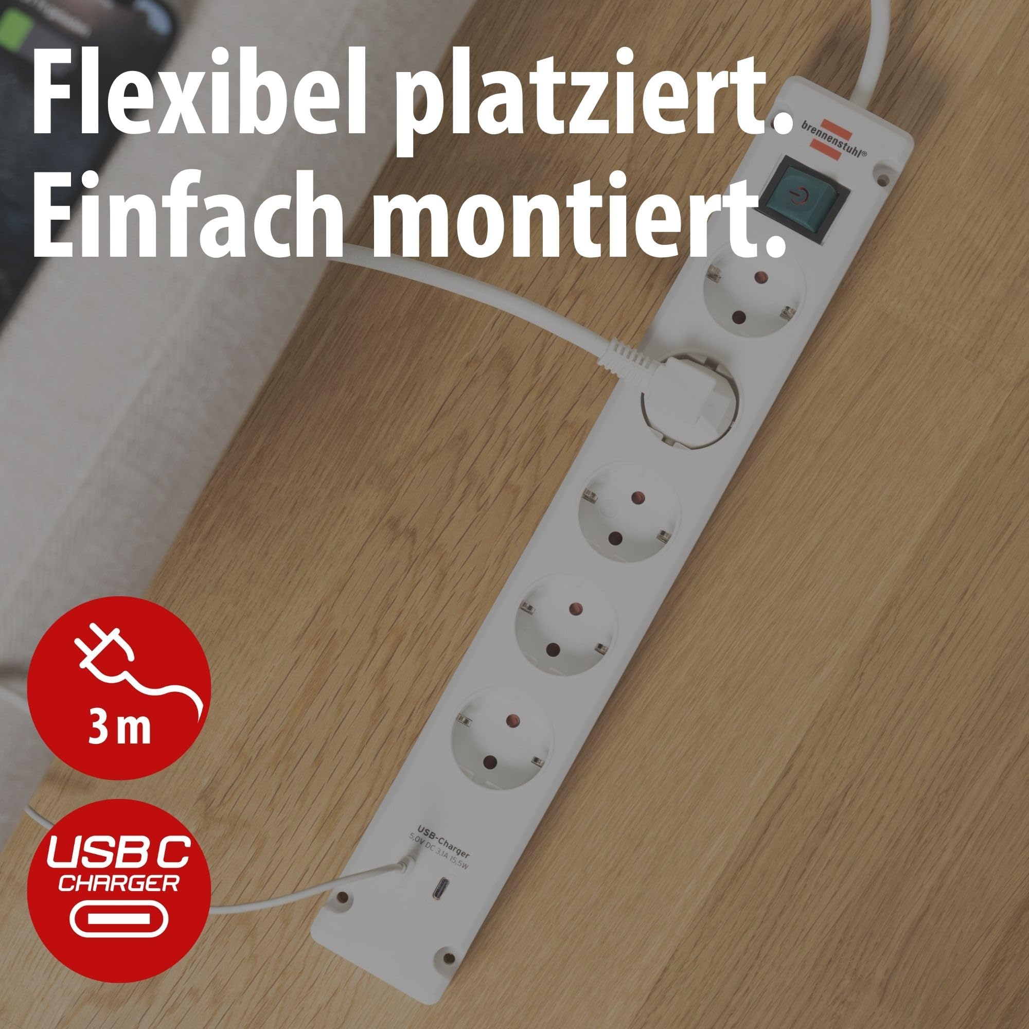 Bremounta 5-krotny + USB-C biały *DE* 3 m H05VV-F3G1,5 z przełącznikiem