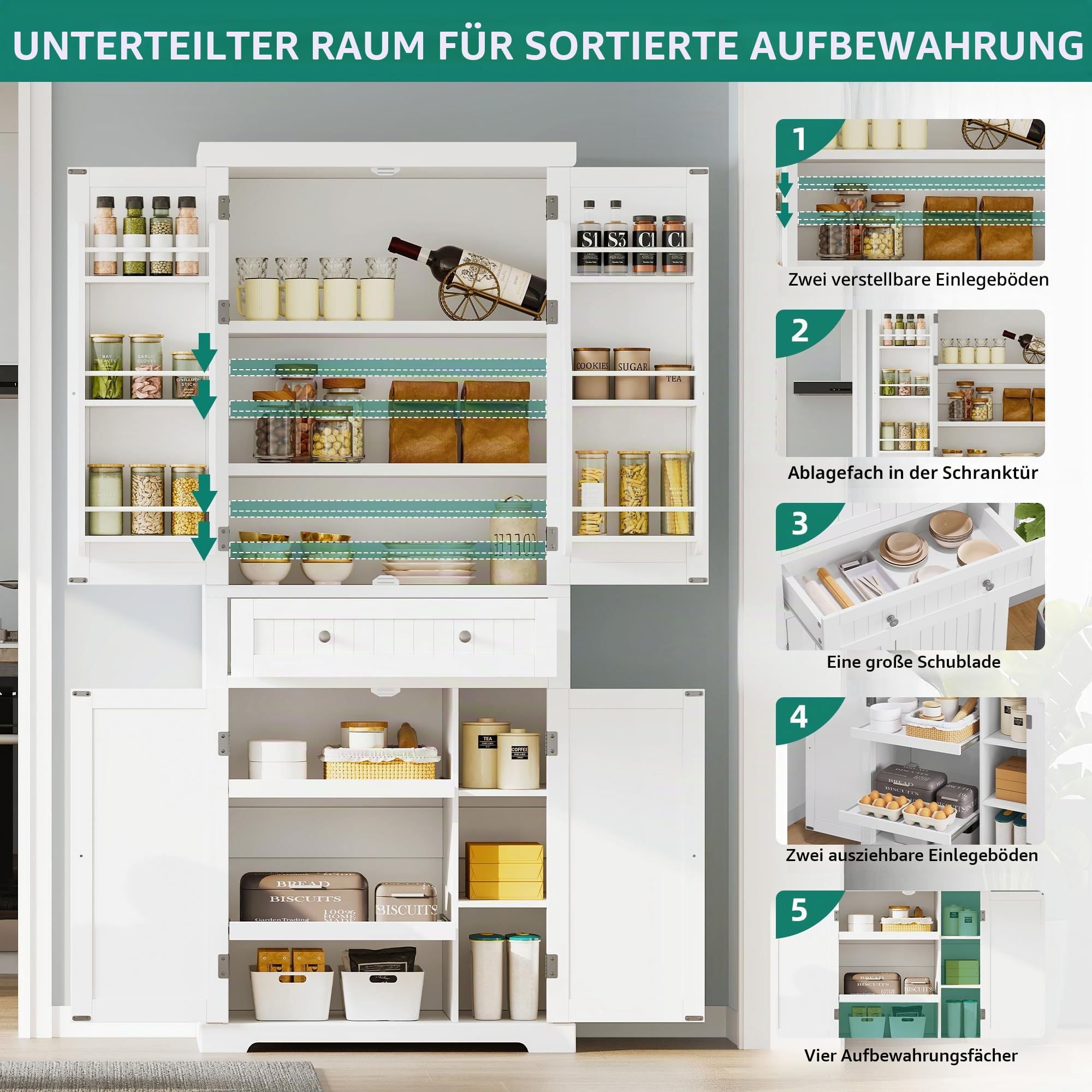YITAHOME Küchenschrank, 182.5CM Hochschrank Küche Vorratsschrank, Buffetschrank mit Verstellbaren Ablagen, Esszimmerschrank mit Schubladen, für Wohnzimmer Küche