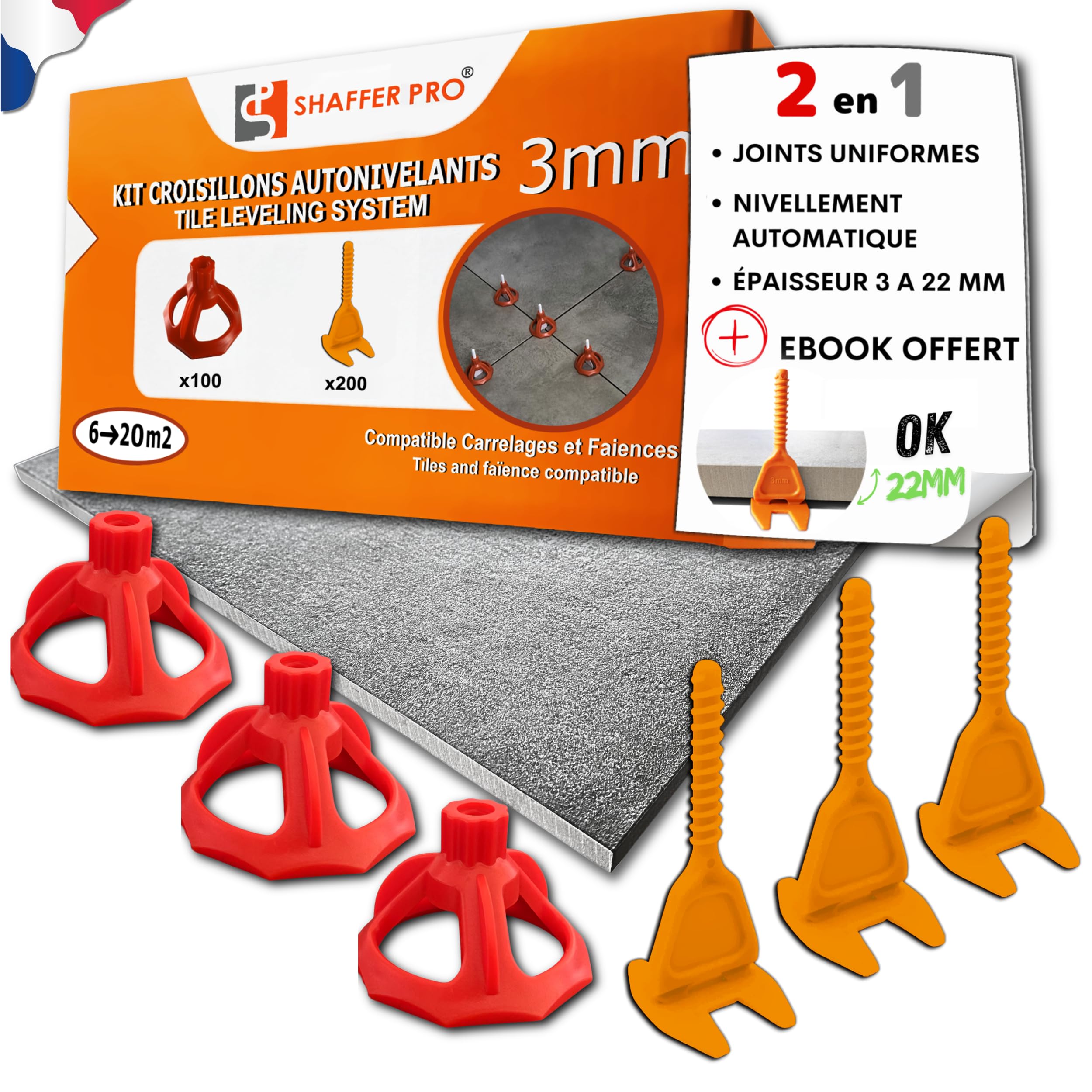 Croisillons carrelage autonivelant 3mm I SHAFFER PRO I Comptatible 20mm | kit 3 mm | 100 clips+100 cadrans réutilisables |3-22 mmI Shaffer pro I nivellement à visser - pose de carreaux Sols/murs