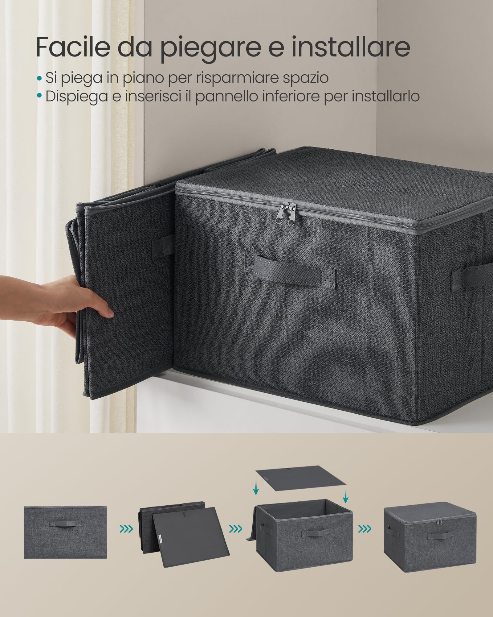 SONGMICS Scatole Portaoggetti con Coperchio, Contenitori Pieghevoli con Maniglie, Organizzatori per Vestiti, Set di 3, 40 x 30 x 25 cm, Tessuto non Tessuto, Grigio Ardesia RYZB03G