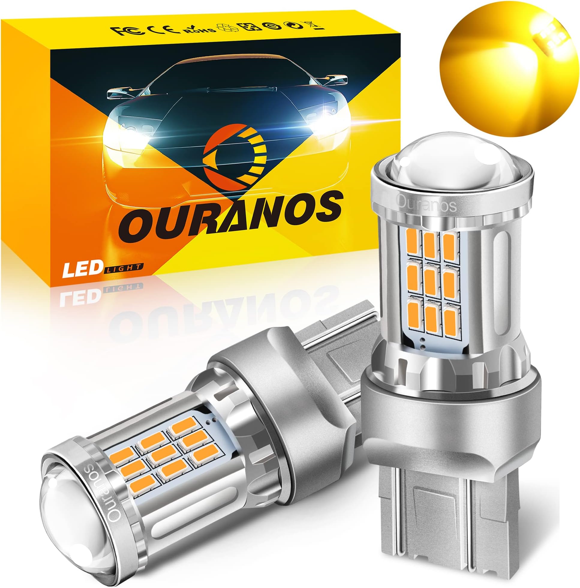 Ouranos 7440 7443 LED Bulbs Amber Yellow for Turn Signal Lights, Bright 33SMD-3014 Chipsets, T20 W21W 7441 7444 LED for Front Rear Turn Signal Blinker Lights Side Marker Lights DRL, Pack of 2