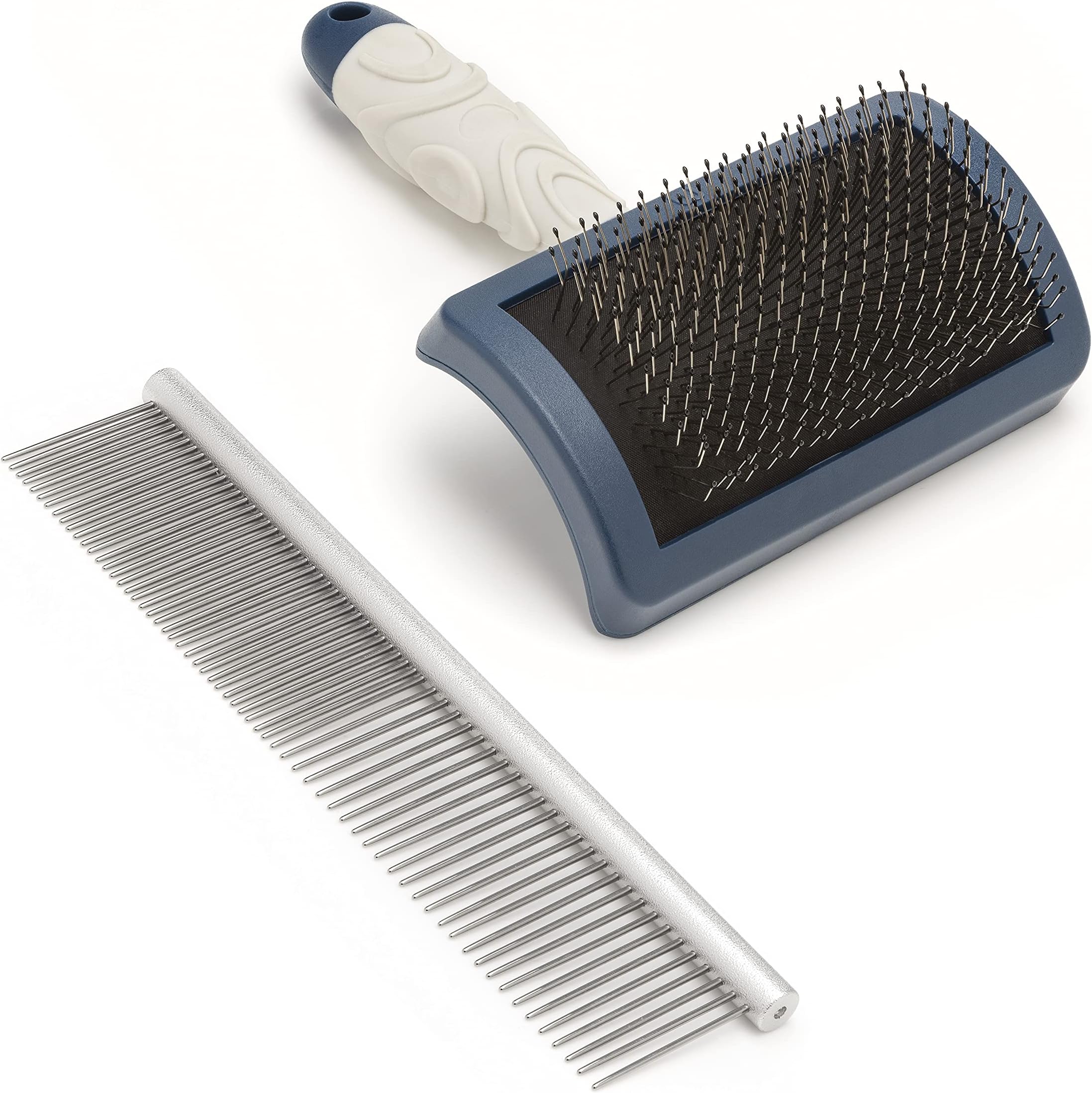 Dog Puppy Stainless Steel Comb and Hard Pin Slicker Brush, for Cockapoos, Labradoodles, Cavapoos and Golden Doodles - Starter Set 2pcs, Blue, Grey,Small