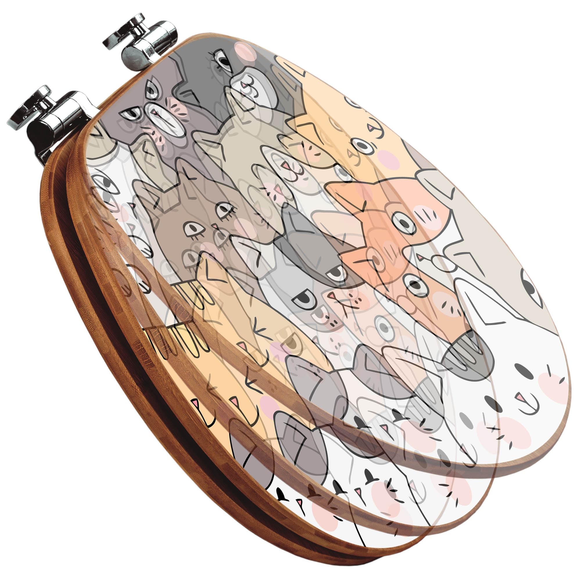 banjado Design WC Sitz Bambus Absenkautomatik 45,8x37,5cm - Toilettendeckel mit Absenkautomatik Holz - hochwertiger Bambus Klodeckel - WC-Sitz für gängigen Toiletten - Motiv Katzen Gruppe neugierig