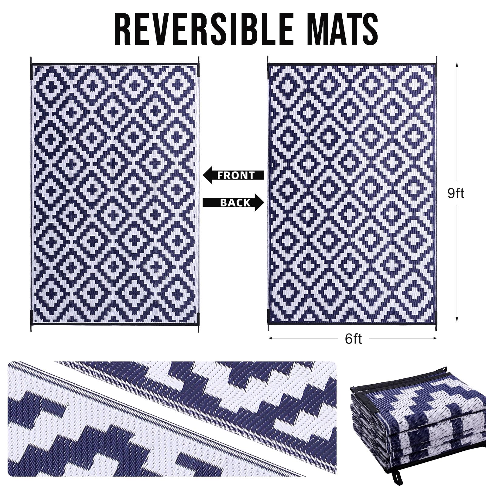 OLANLY Waterproof Outdoor Rug 6x9 ft, Reversible Plastic Straw Patio Rug for Camping, RV Mat Outside, Indoor Outdoor Carpet for Porch, Deck, Backyard, Camper, Balcony, Picnic, Navy & White