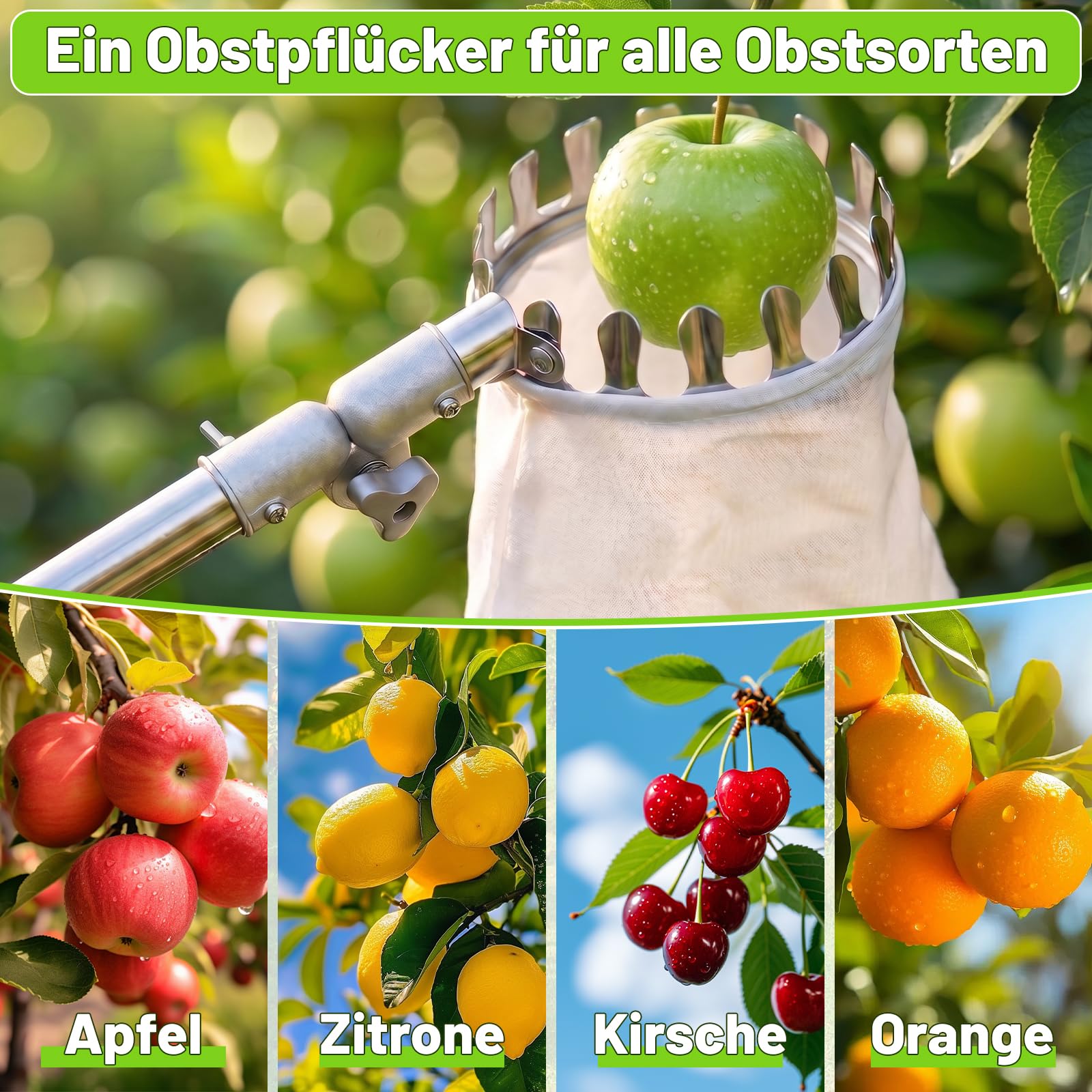 4M Teleskop Obstpflücker - Verstellbarer Apfelpflücker für Kirschen 360° Drehung Kirschenpflücker mit Teleskopstiel Leicht Robust für Hohe Äste mit Aufbewahrungstasche Werkzeug Diameter 16cm