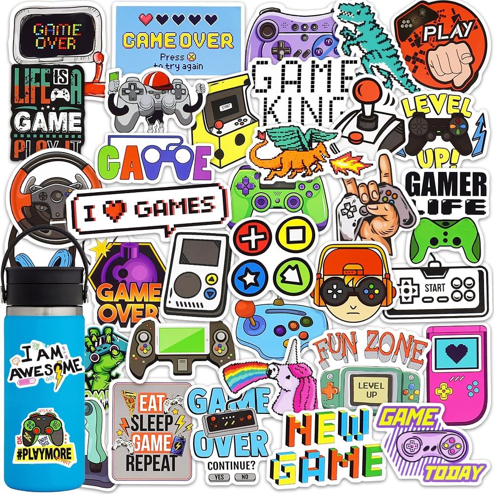 DETICKERS Water Bottles Stickers for Boys Kids 50 PCS Waterproof Video Game Vinyl Stickers Gamer Gifts for Teen Boys