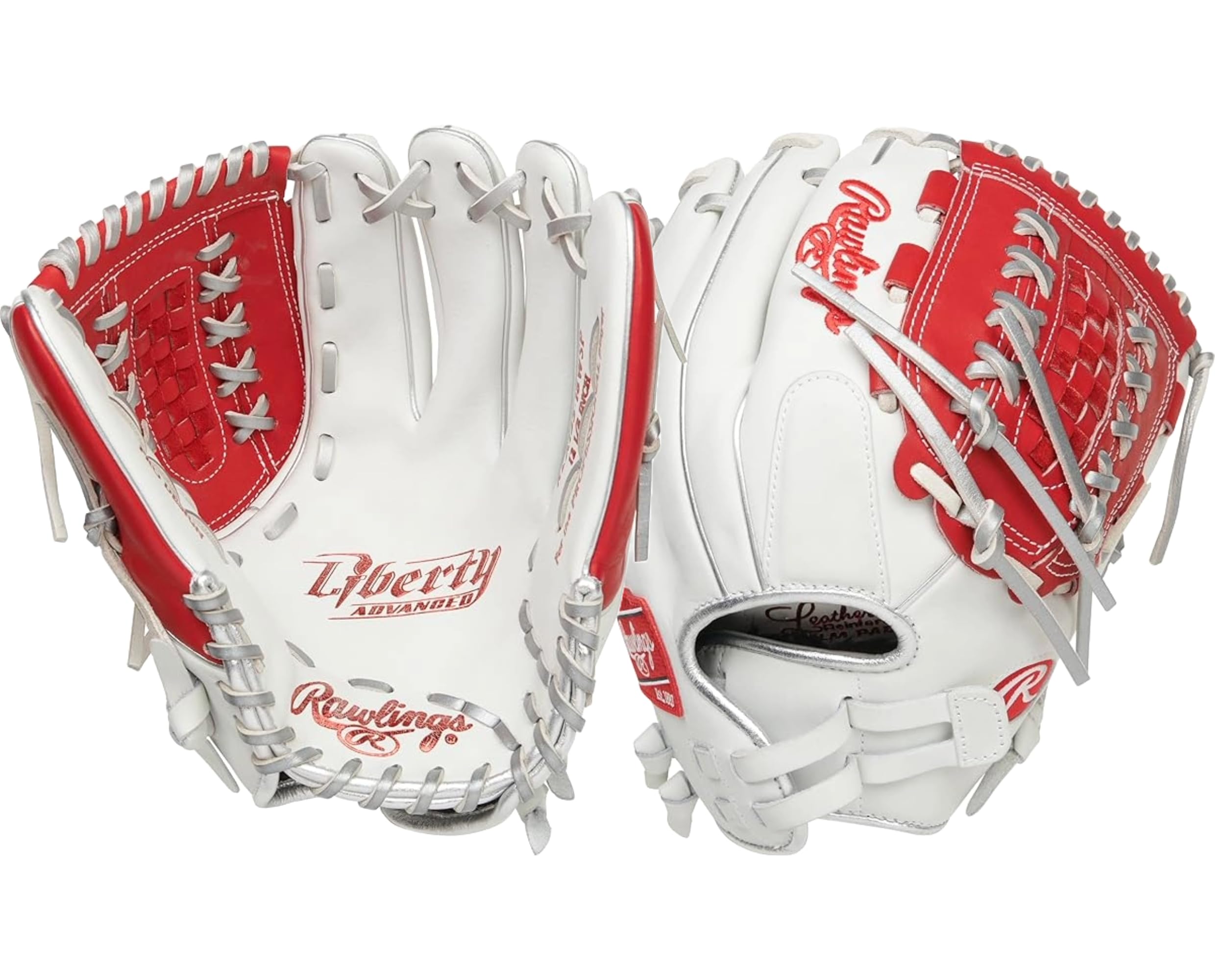 Rawlings | LIERTY ADVANCED Color Series Fastpitch Softball Glove | Left Hand Throw | 12.5' Double Laced Basket Web | White/Scarlet/Platinum