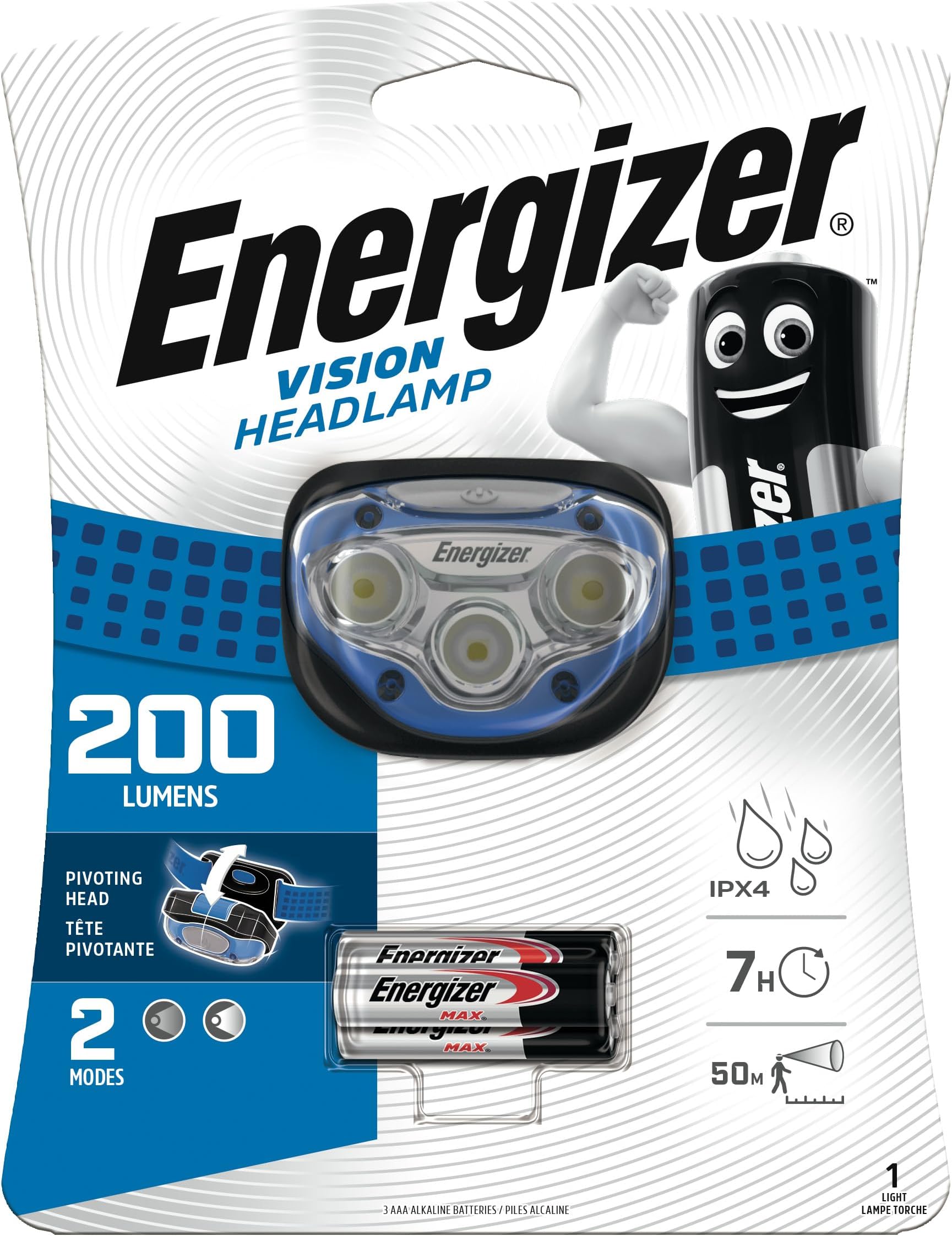 Vision LED Head Torch, Bright Headlamp, Water Resistant, Hands-Free, Lightweight for Indoor and Outdoor Activities, Batteries Included