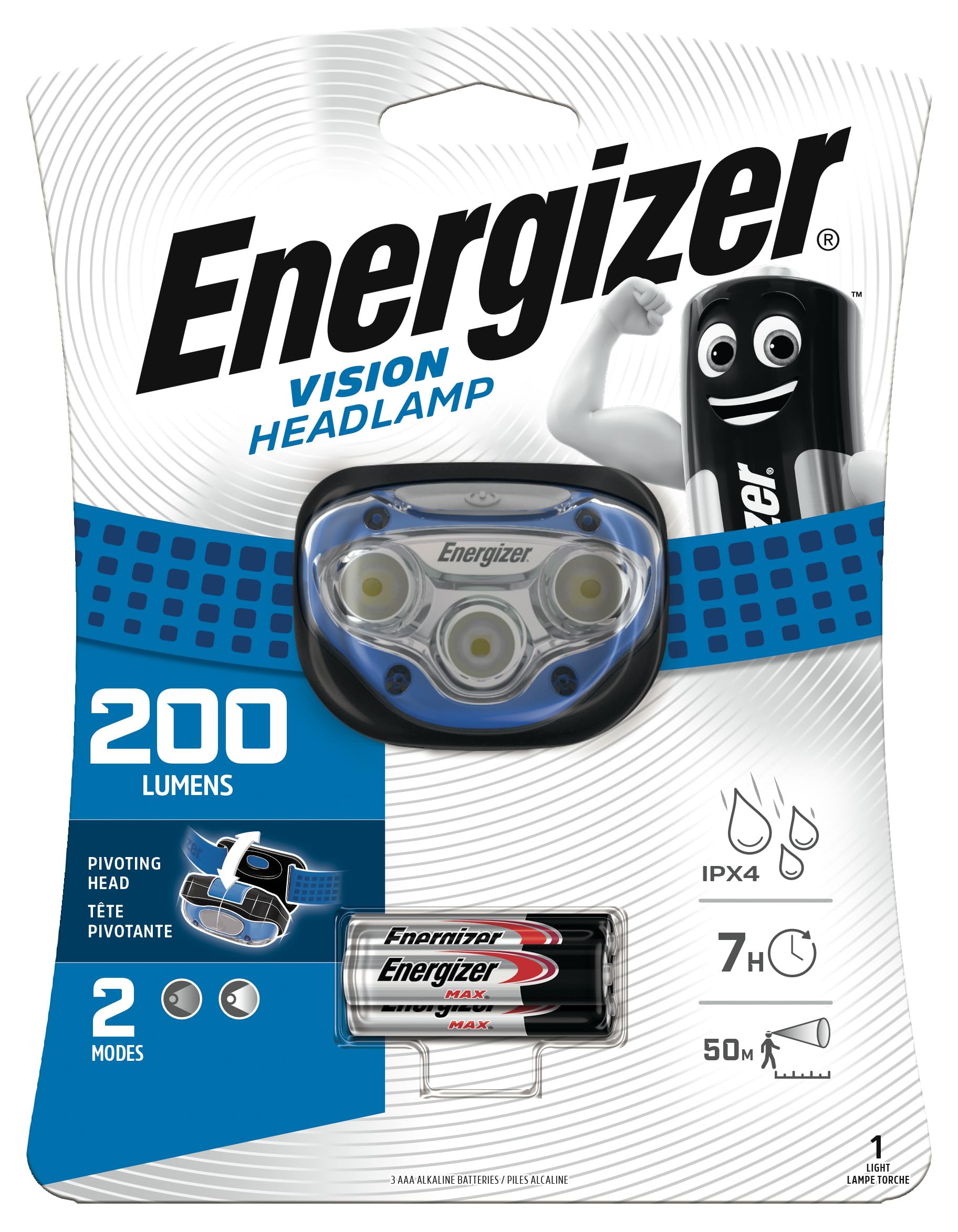 Energizer Vision LED Head Torch, Bright Headlamp, Water Resistant, Hands-Free, Lightweight for Indoor and Outdoor Activities, Batteries Included