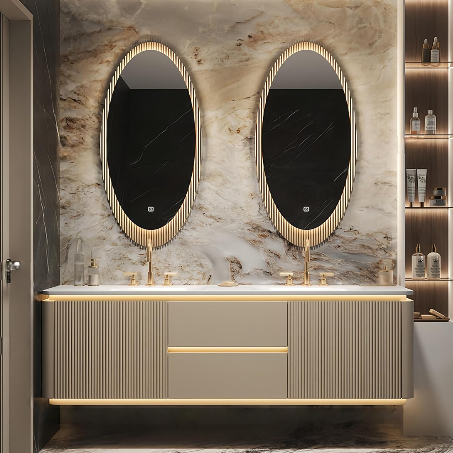 78IN Bathroom Vanity with Sink – Luxury Modern Floating Vanity with Oval LED Mir…