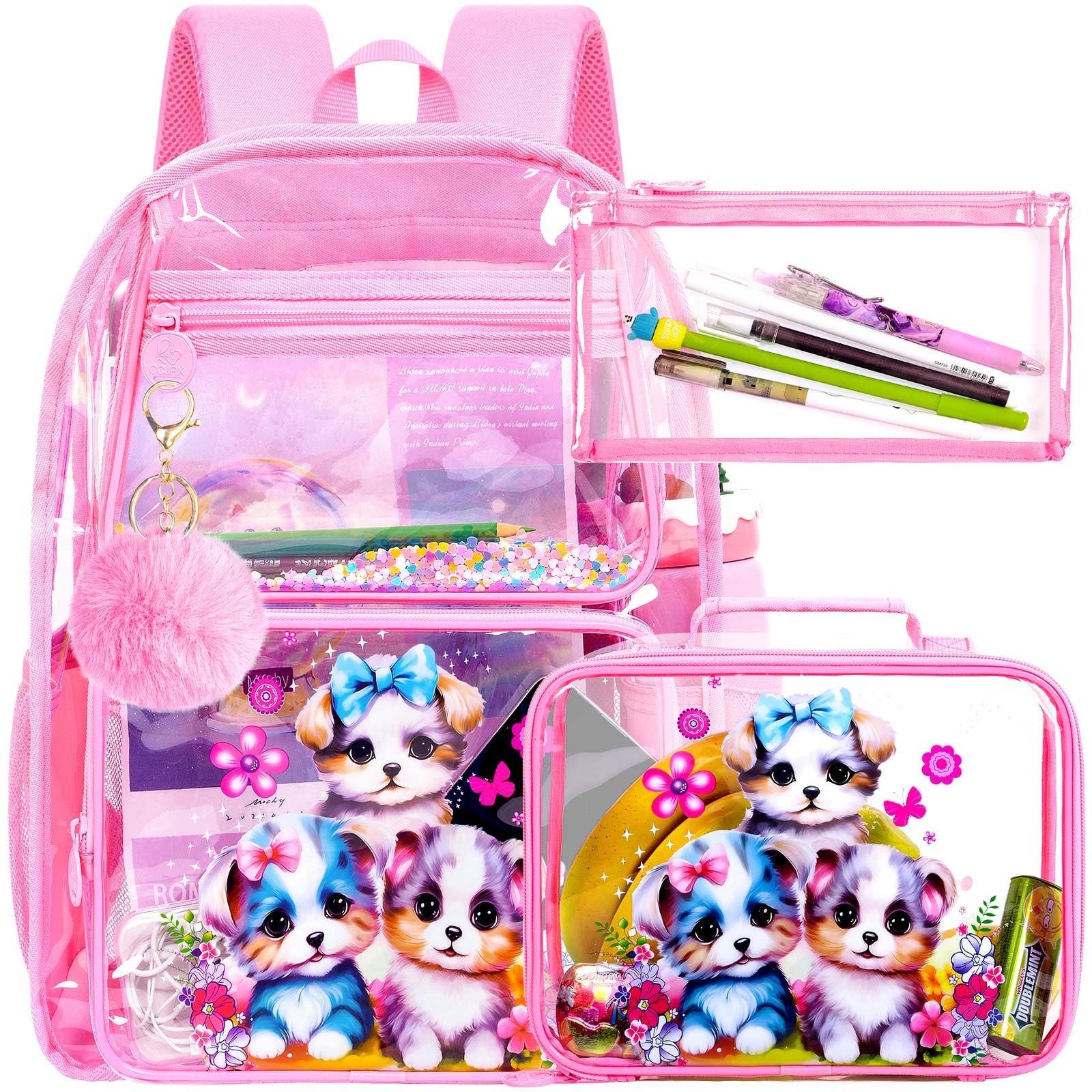 Clear Backpack for Girls and Boys, Kids Transparent Bookbag, 3PCS Cute See Through School Bag for Elementary Prechool