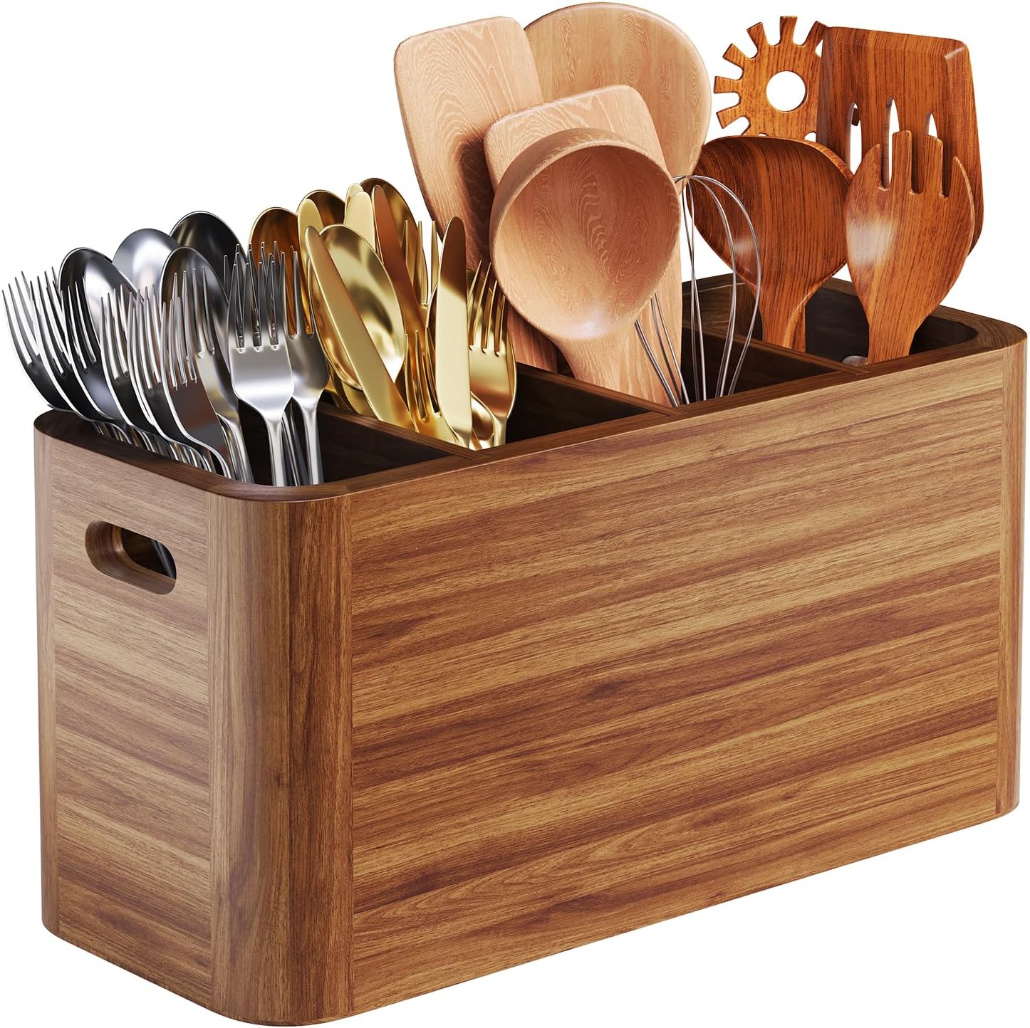Extra Large Acacia Utensil Holder for Kitchen Counter with 4 Compartments, Wood Cooking Utensils Holder for Countertop, Wooden Utensil Caddy for Silverware, Spatula, Cutlery, Wall Mounted Organizer