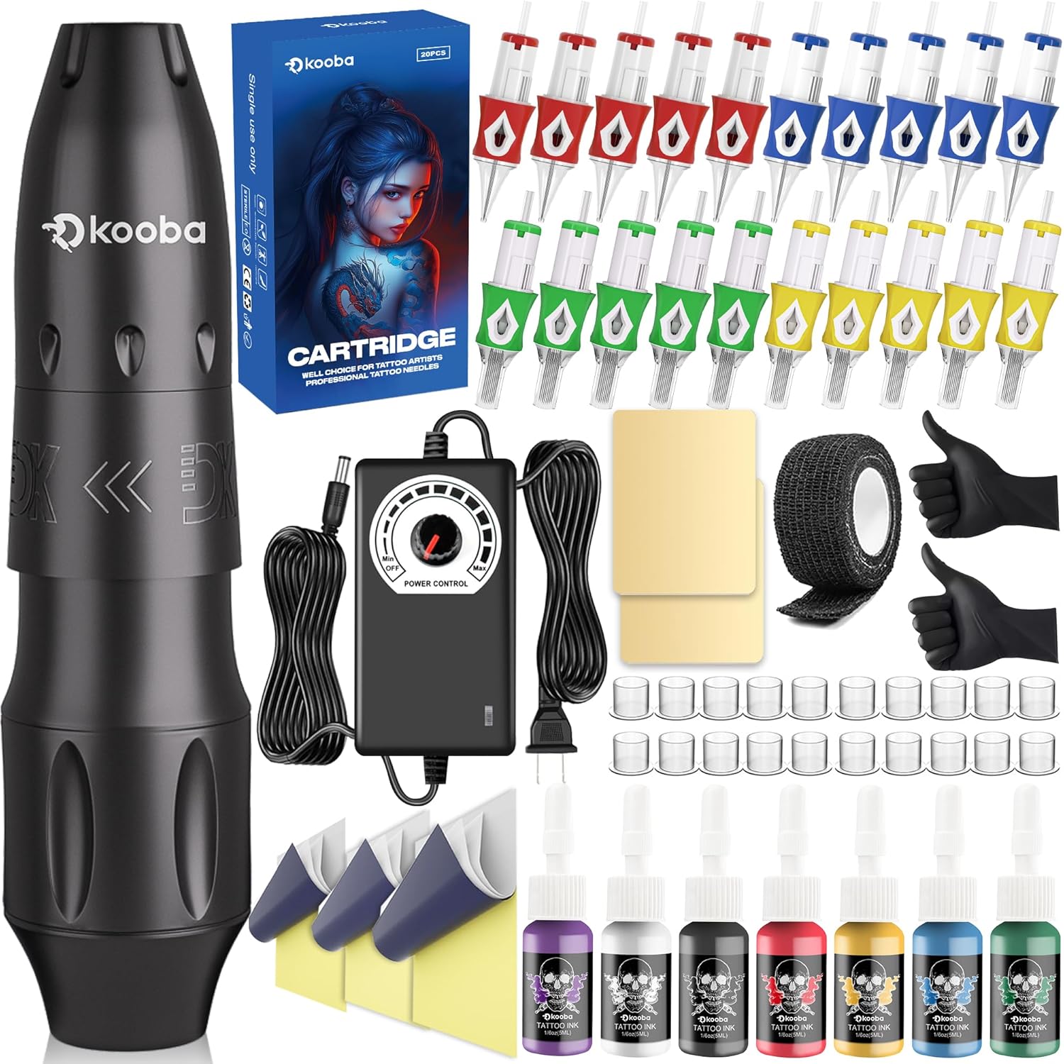 KOOBA Rotary Tattoo Pen Kit, Complete Starter Tattoo Machine Set with Adjustable Power Supply, Cartridge Needles, Tattoo Inks, Practice Skin & Full Supplies for Beginner Tattoo Artists