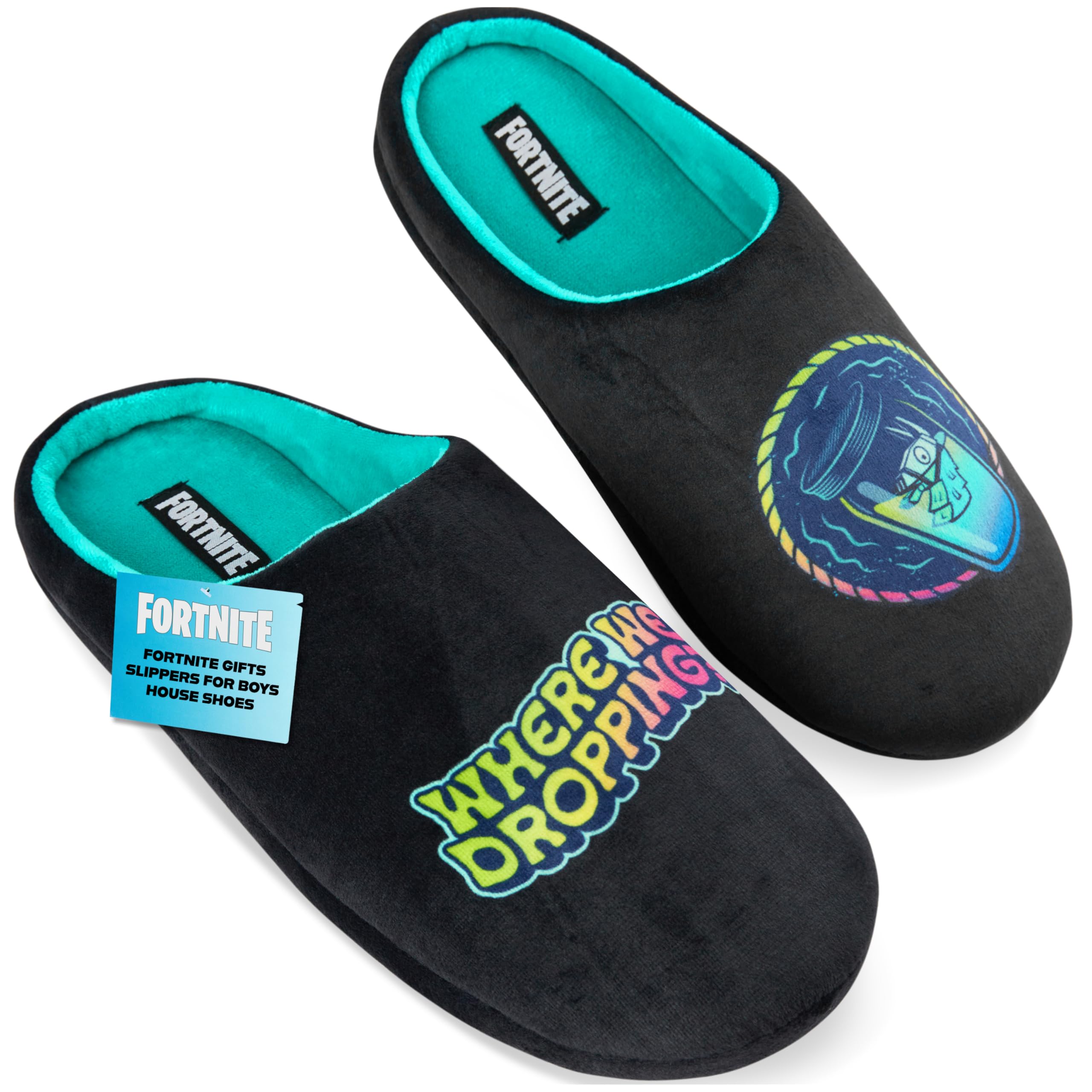 Fortnite Slippers for Boys, US Size 1-9, Fuzzy Non Slip House Shoes, Indoor Kids Slippers, Gamer Gifts for Boys 6-7 Big Kid Black/Yellow