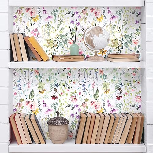 Miniatura 6 de VEELIKE Papel tapiz de flores silvestres de acuarela para despegar y pegar, papel tapiz floral extraíble para dormitorio, baño, guardería, 17.7 x