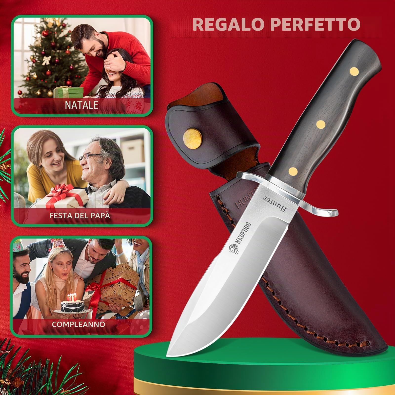 NedFoss HUNTER coltello da caccia, 11,4 cm, in acciaio D2, 42a, elegante manico in legno, affilato per esterni con fondina, coltello bowie, in confezione regalo per bushcraft