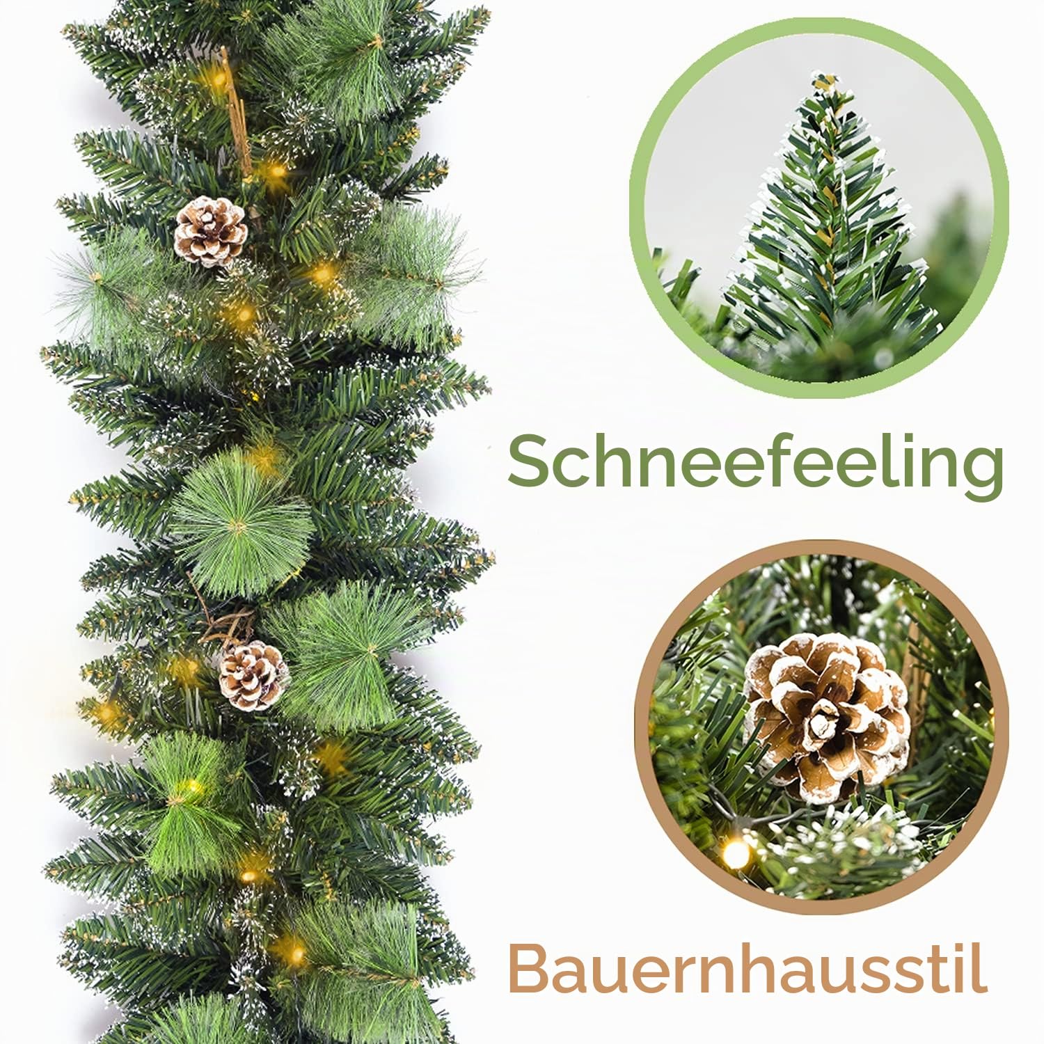 HomeKaren Weihnachtsgirlande vorbeleuchtet 2.7M mit 50 LED-Lichtern, Tannenzapfen und Schneestil Weihnachtsgirlande, batteriebetriebene Weihnachtsdekoration für Manteltreppe Indoor Outdoor