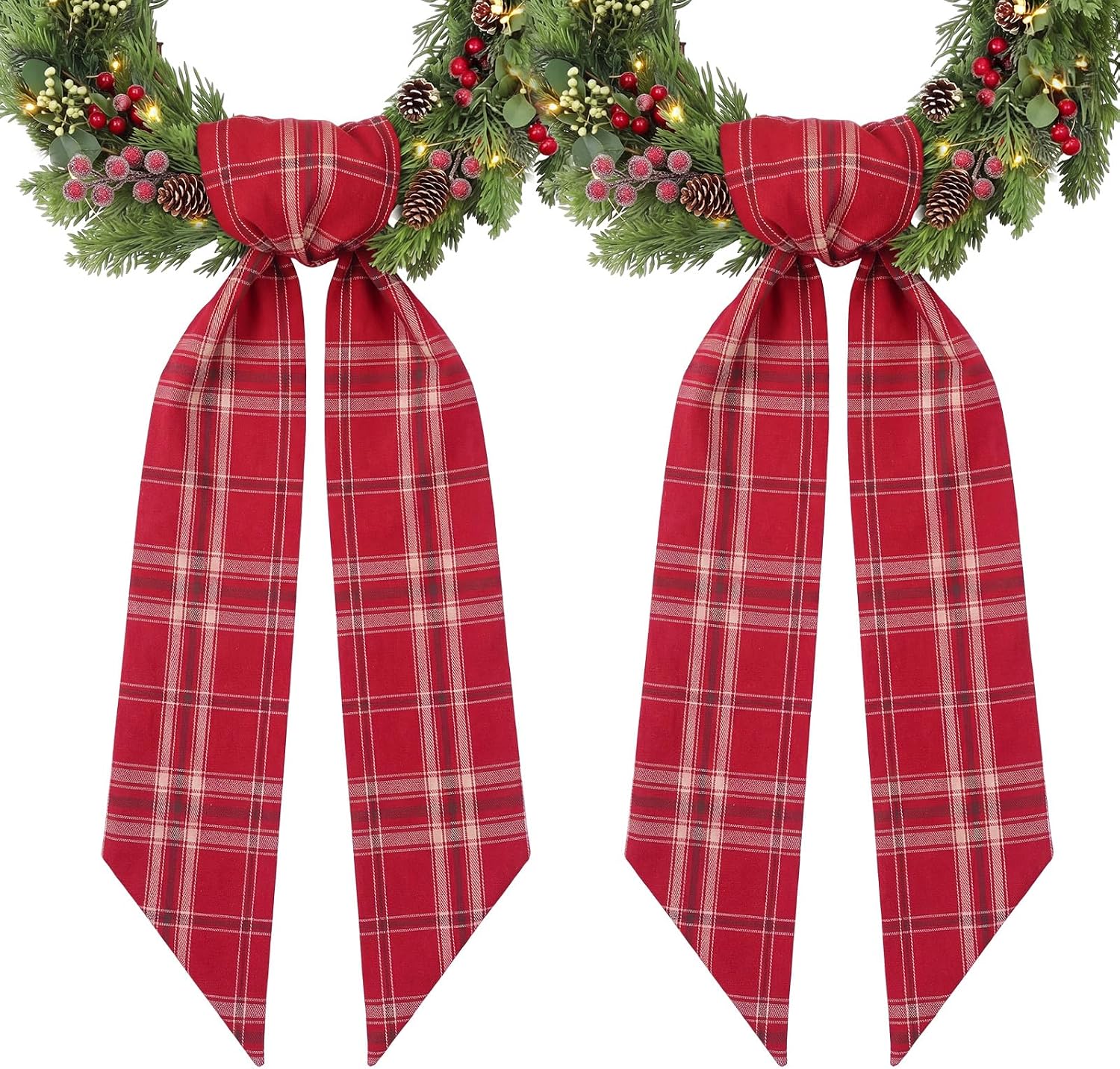 Sosation 2 Pcs Christmas Blue Green Plaid Wreath Sash Decor for Front Door