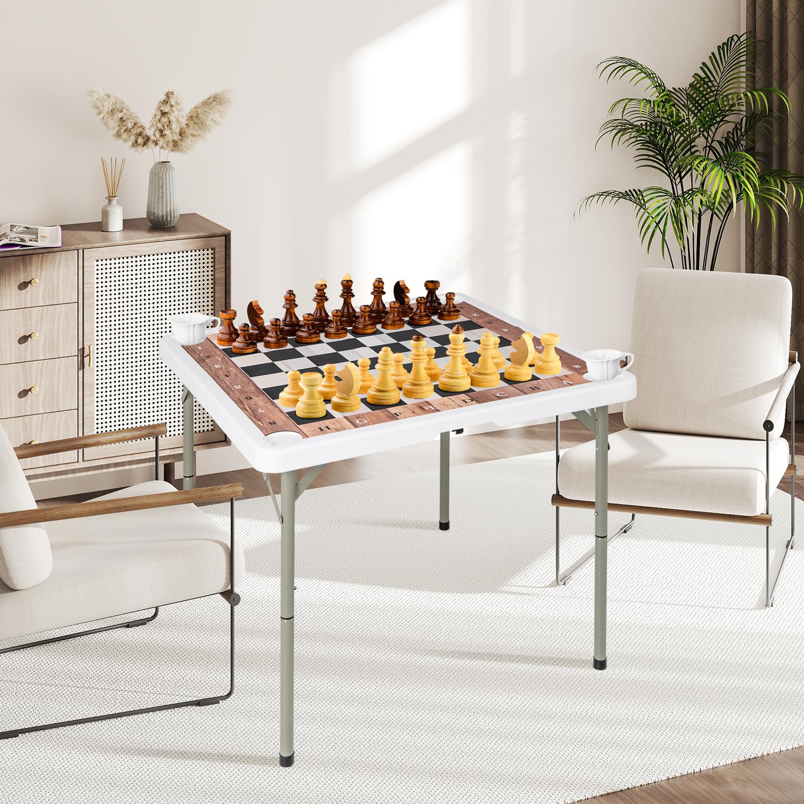 COSTWAY Schachtisch klappbar, 90 x 90 cm Schachspiel mit abnehmbarem Tischmatte & 4 Getränkehaltern, Schachbrett tragbar mit Tragegriff für Kinder Erwachsene Party Reisen