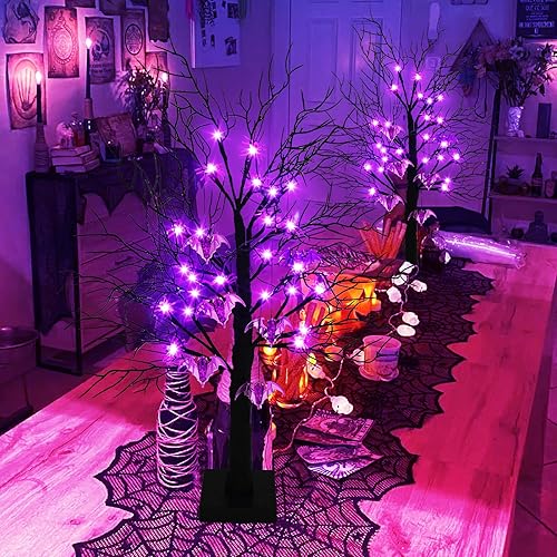 Miniatura 9 de Paquete de 2 árboles negros de Halloween de 24 pulgadas con temporizador, árbol de mesa iluminado con pilas de 24 luces LED con 12 luces naranja