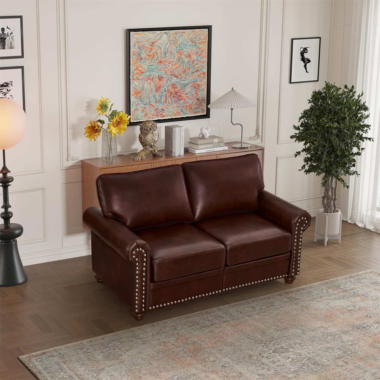 Harper & Bright Designs Faux Leather 2-Seat Loveseat Couch with Hidden Storage Under Seat, Nailhead Trim, Solid Wood Legs, Classical Sofa for Living Room, Office, Apartment, Burgundy