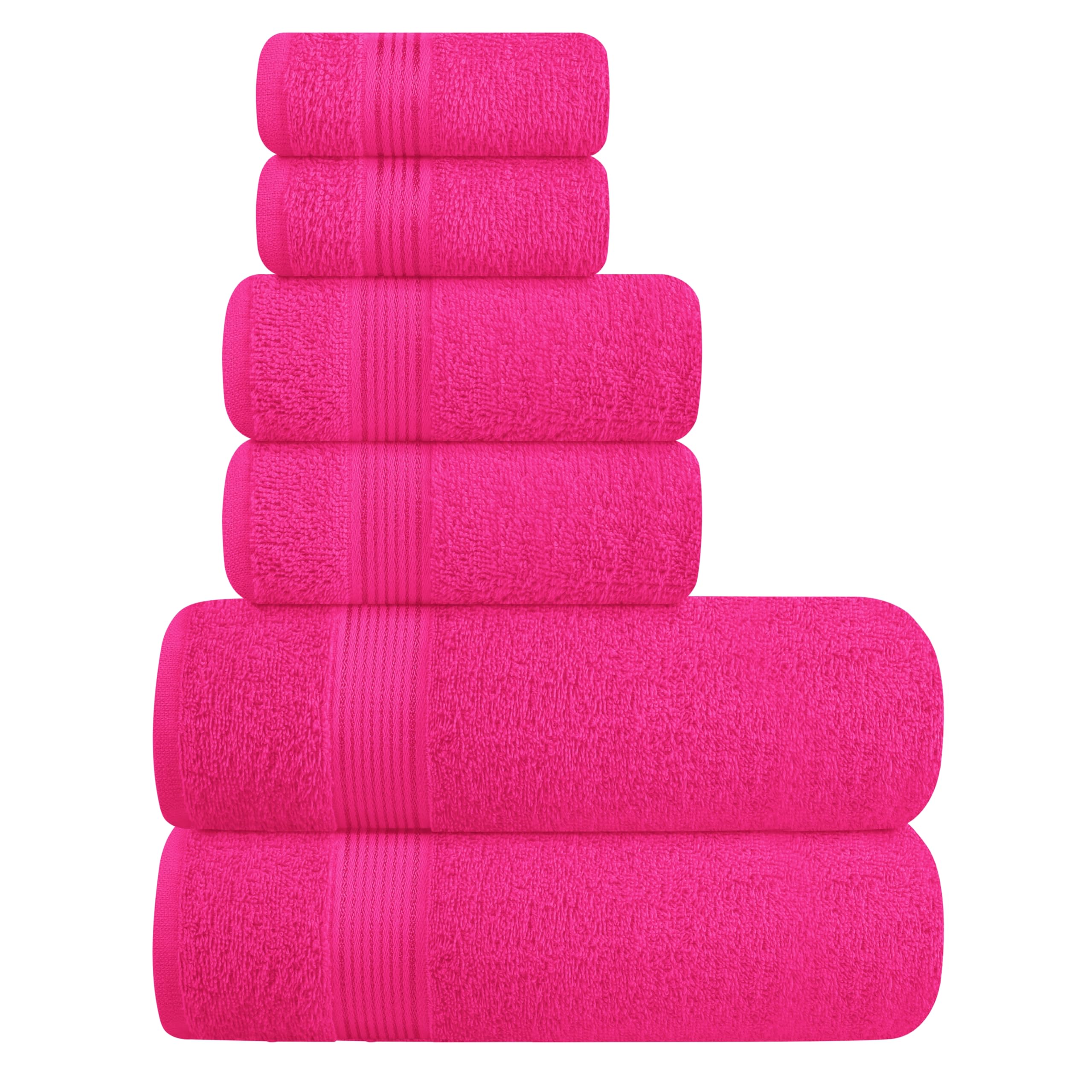 Elvana Home Ultra Soft 6 Pack Cotton Towel Set, Contains 2 Bath Towels 28x55 inch, 2 Hand Towels 16x24 inch & 2 Wash Coths 12x12 inch, Ideal Everyday use, Compact & Lightweight - Hot Pink