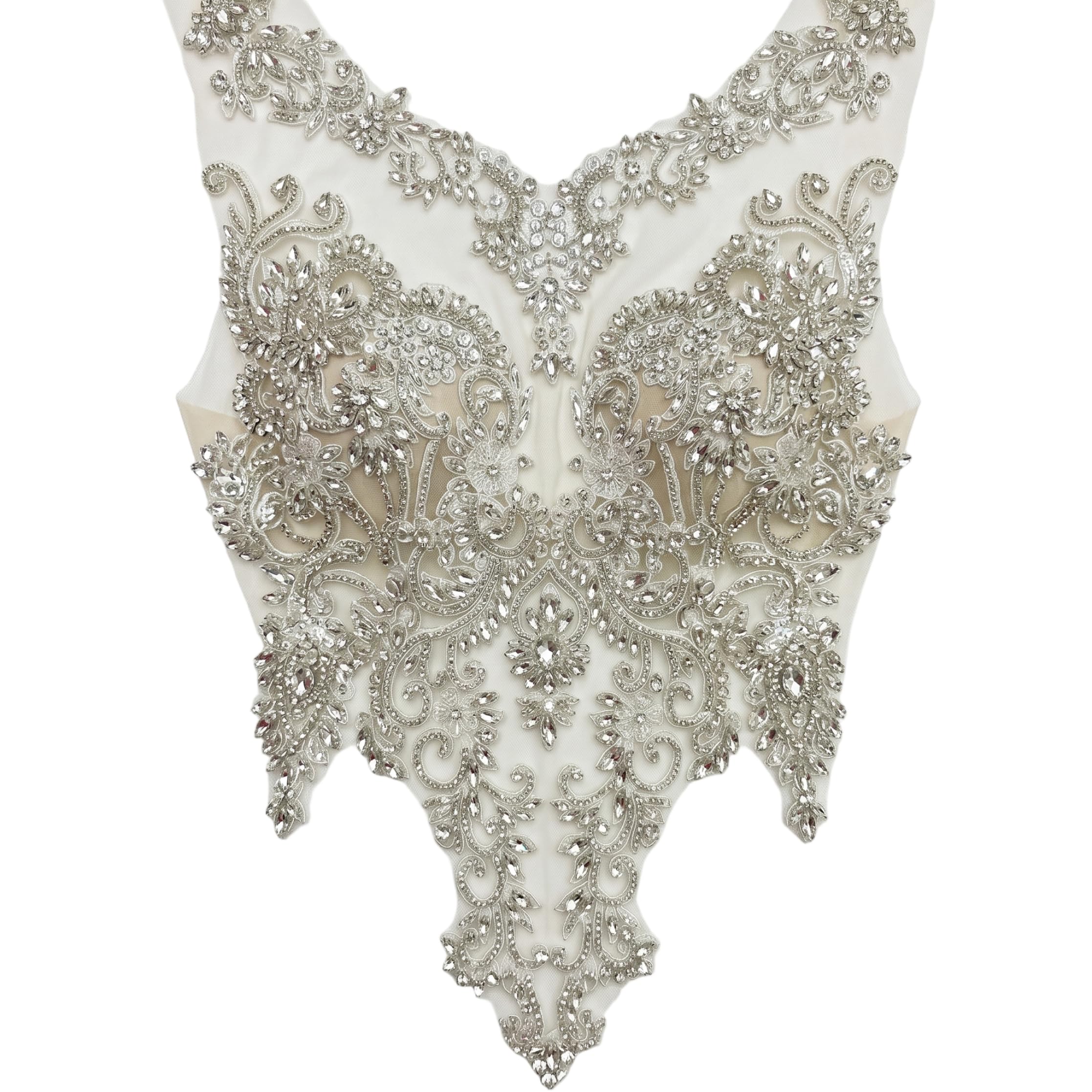 Applique pour robe de bal en strass et perles cristal argent