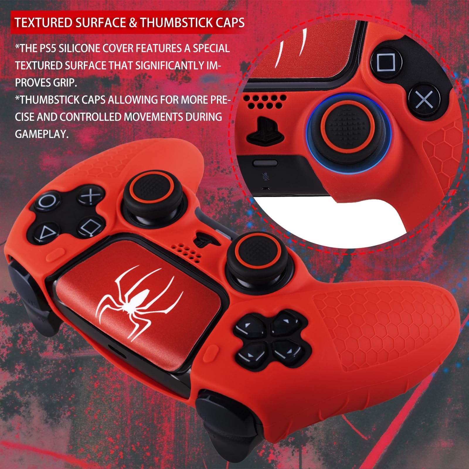 Coque en silicone antidérapante pour manette de PS5 avec 2 capuchons de joystick et 1 autocollant 1 araignée écarlate