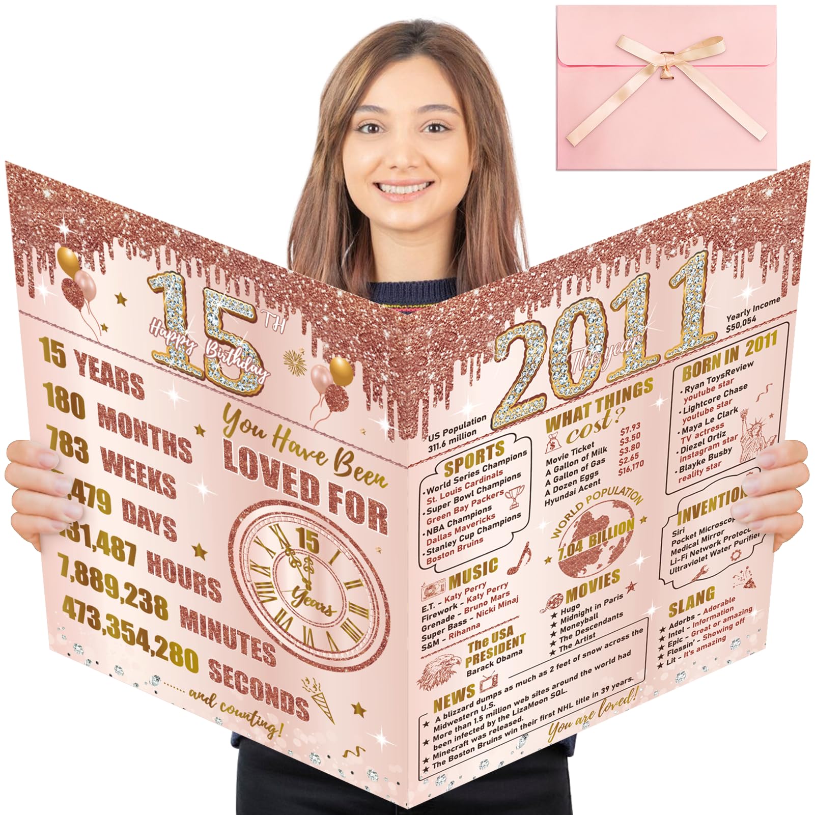 Turypaty Large 15th Birthday Card With Envelope for Girls, Pink Rose Gold The Year 2011 Happy 15th Birthday Giant Guest Signature Book Gift, Extra Big