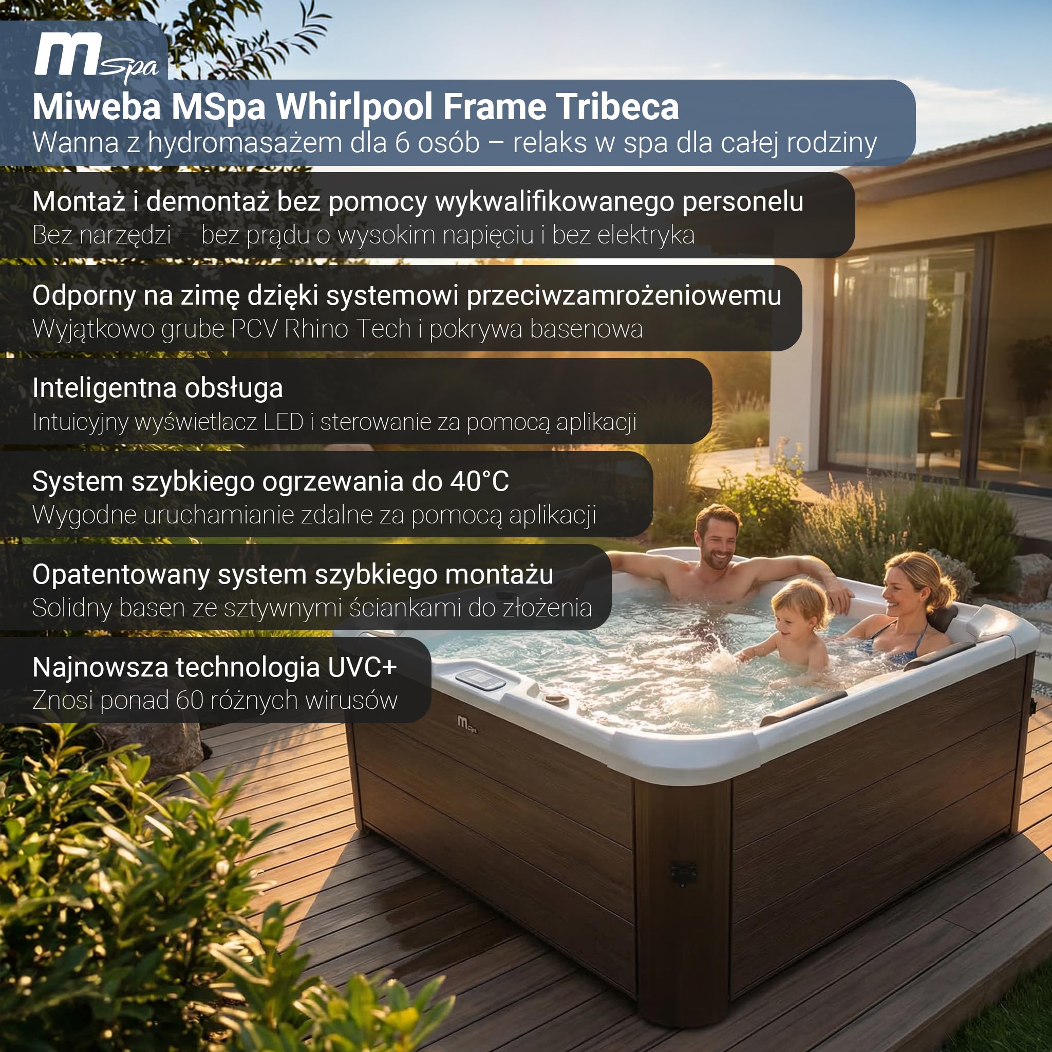 Miweba MSpa Jacuzzi Tribeca ze sztywną ścianą zewnętrzną | sterowanie aplikacją | spa 6-osobowe | 160x160x65 cm | 120 dysz masujących | całoroczne, zimoodporne | basen wewnętrzny i ogrodowy