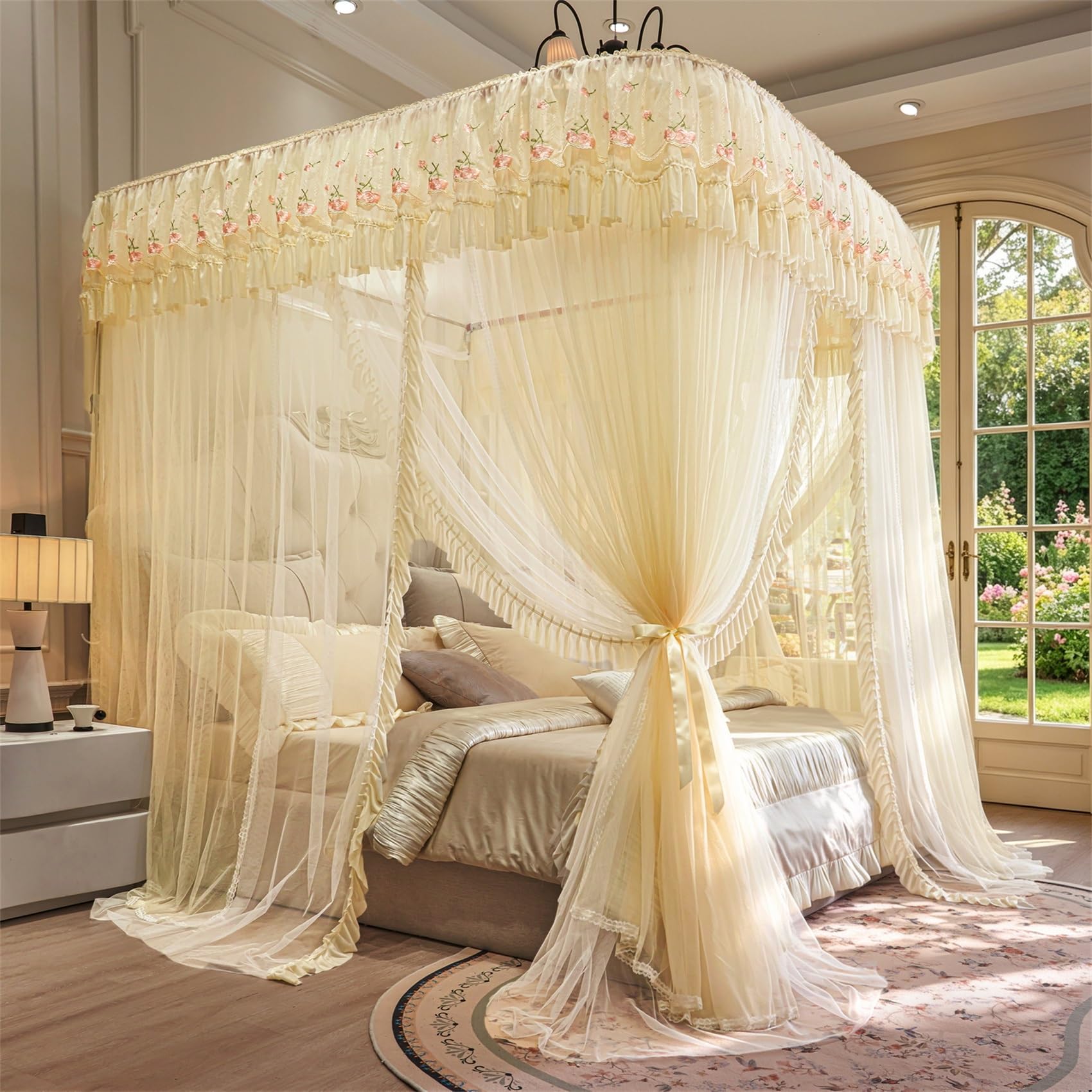 GUOIOOI Bed Canopy Curtain,Romantic Ruffle lace Princess Bed Canopy for Girls,U-Shape Double Layer Cozy Drape Bedroom Decor for Adults,Extra Tall 210cm(Yellow,King/2x2.2M)
