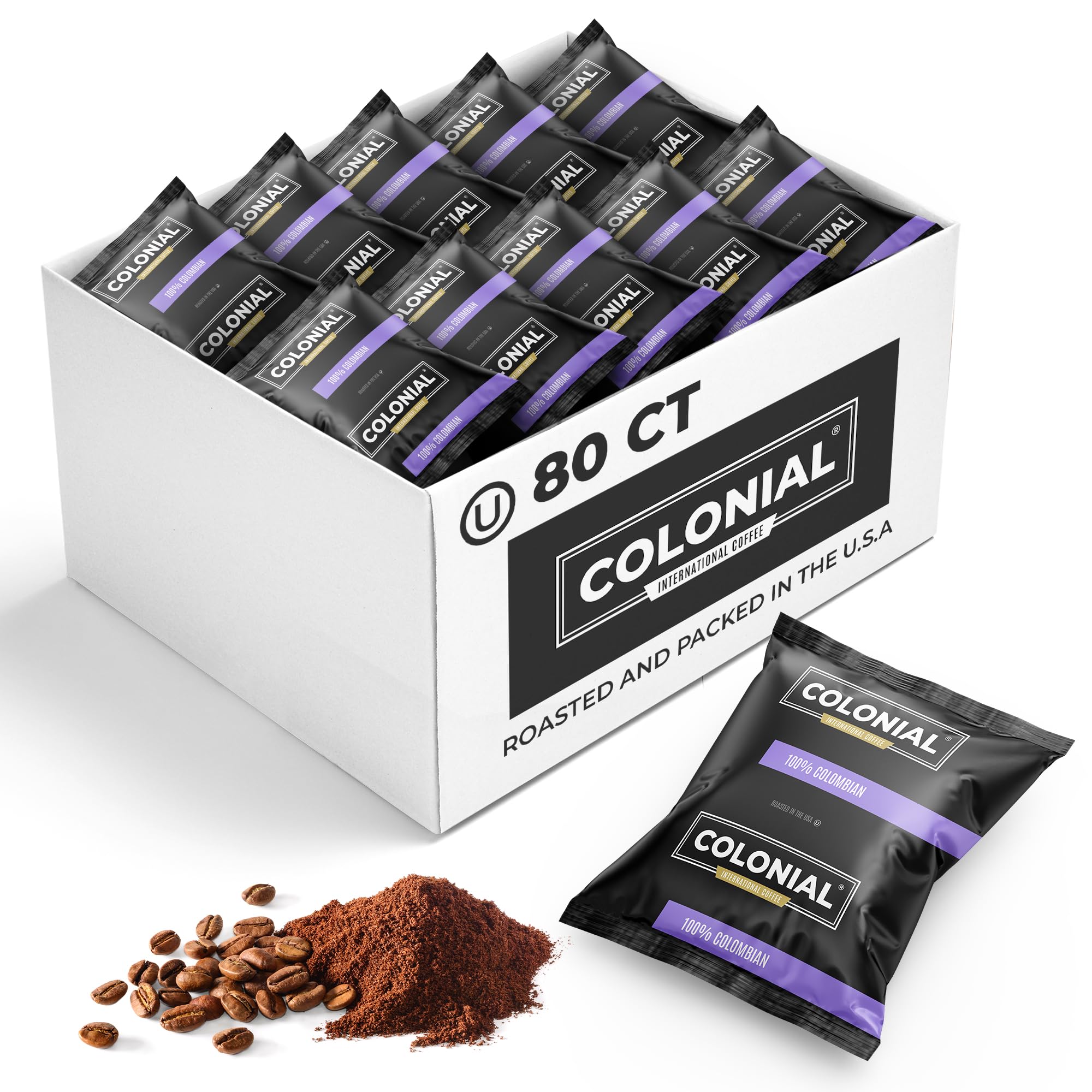 Colonial Coffee Packets, Pre Ground Coffee Packs, Colombian Medium Roast, 2.5 Ounce (Pack of 80)