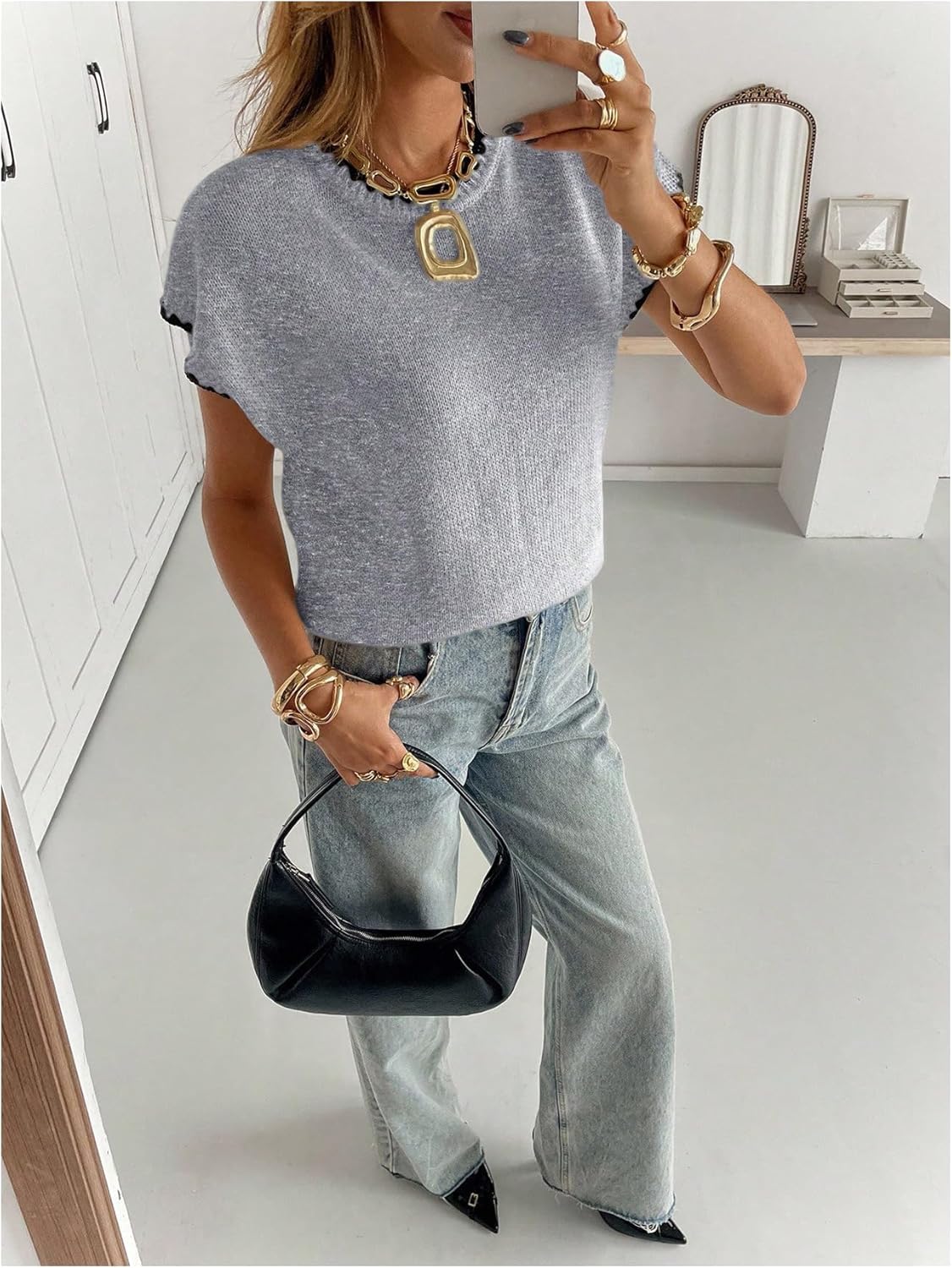 SOLY HUX Women's Short Sleeve Sweater 3D Floral Sweaters Pullover Tank Tops Knit Vest Trendy Fashion Clothing Pure Light Grey Large - Image 5