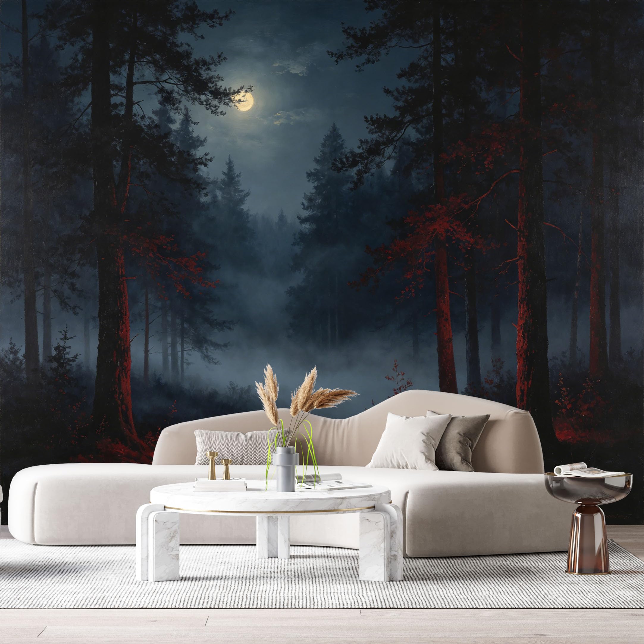 Custom Size Wall Murals Moonlit Forest Landscape Misty Night Trees Red Glow SelfAdhesive Wall Fabric Removable Large Wallpaper for Photo Living Room