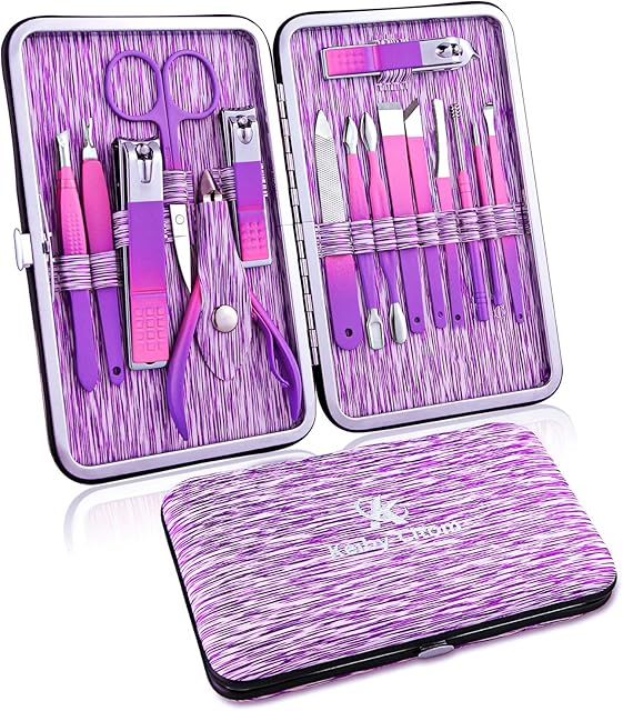 Manicure Set Professional Nail Clippers Kit -16Pcs Pedicure Care Tools Stainless Steel Women Grooming Kit for Travel or Home (Purple)