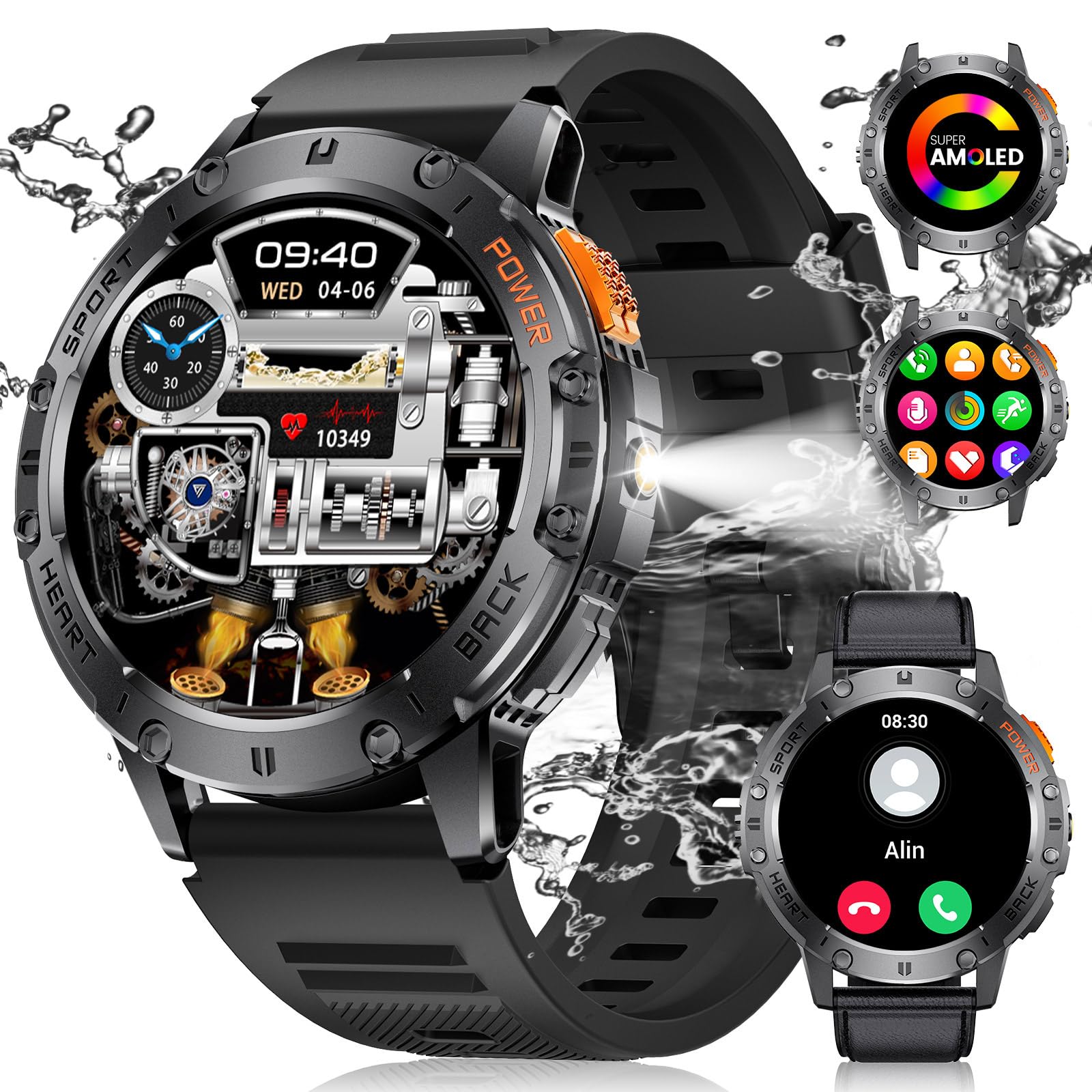 ESFOE Smartwatch Uomo con Torcia LED,1,43'' AMOLED Orologio Smartwatch Uomo con Impermeabile 5ATM,530 mAh Fitness Tracker Contapassi 120+ Modalità Sport Smartwatch Militare Uomo per Android iOS