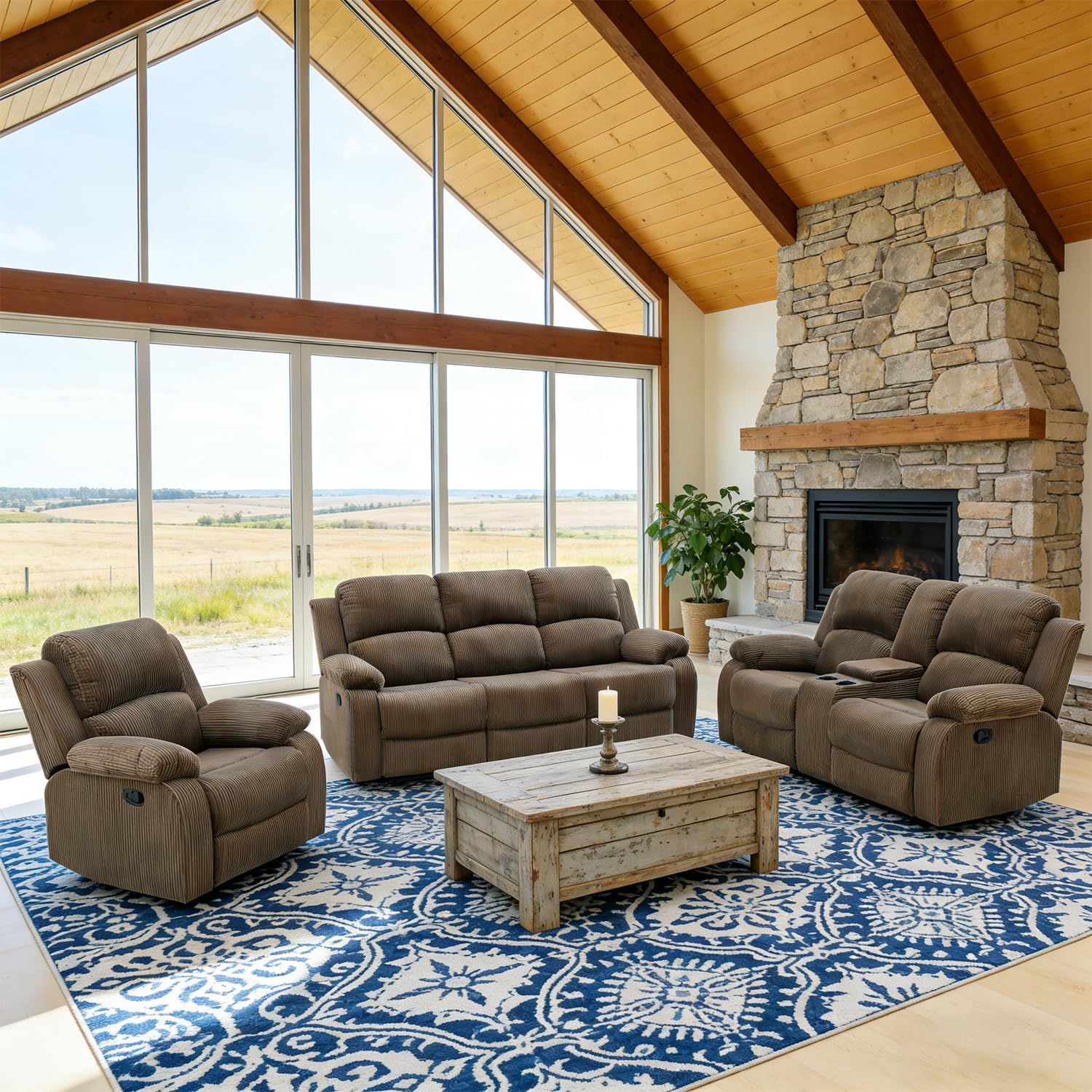 Recliner Sofa Set,Manual Reclining Couch Set,Living Room Furniture Sets,Leather Couch with Drop Down Table/Storage Console/Cup Holder for Home/Apartment(Coffee Corduroy,Sofa+Loveseat+Chair)