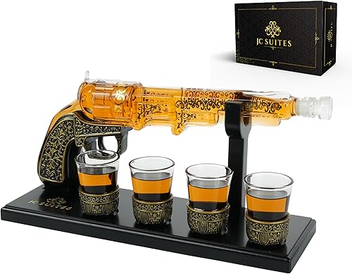 Decantador de pistola de lujo con 4 vasos de chupito, caja de regalo y embudo, juegos de decantadores de whisky únicos para hombres y mujeres, juego
