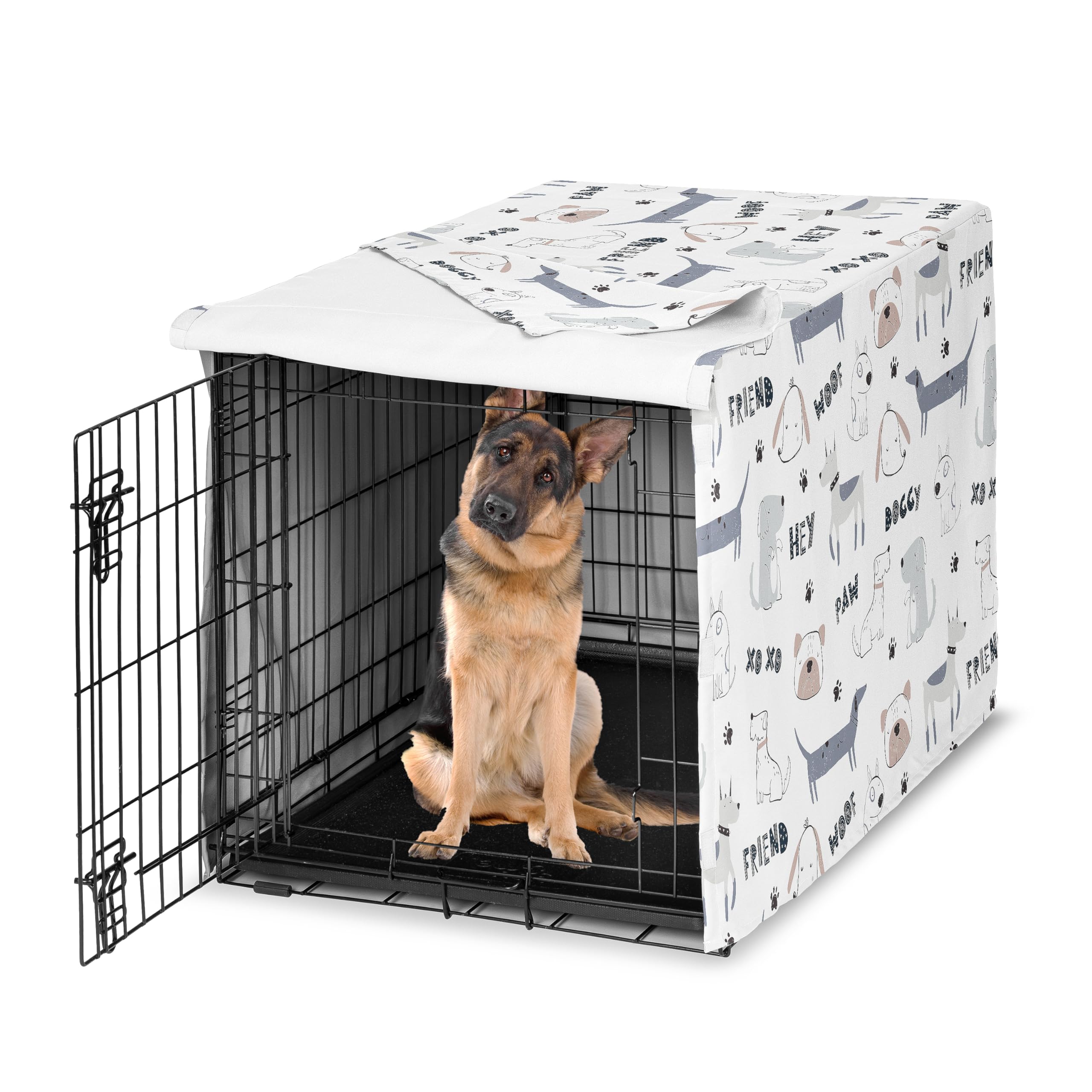 Sweet Jojo Designs 48in. Large Dog Crate Cover (Cartoon Puppy Print) Pet Cage, Kennel Covers (Neutral, Modern, Bulldog, Wiener Doggy, Paws, Whimsical, Playful, Woof, Dachshund, Blue, Taupe, Grey)