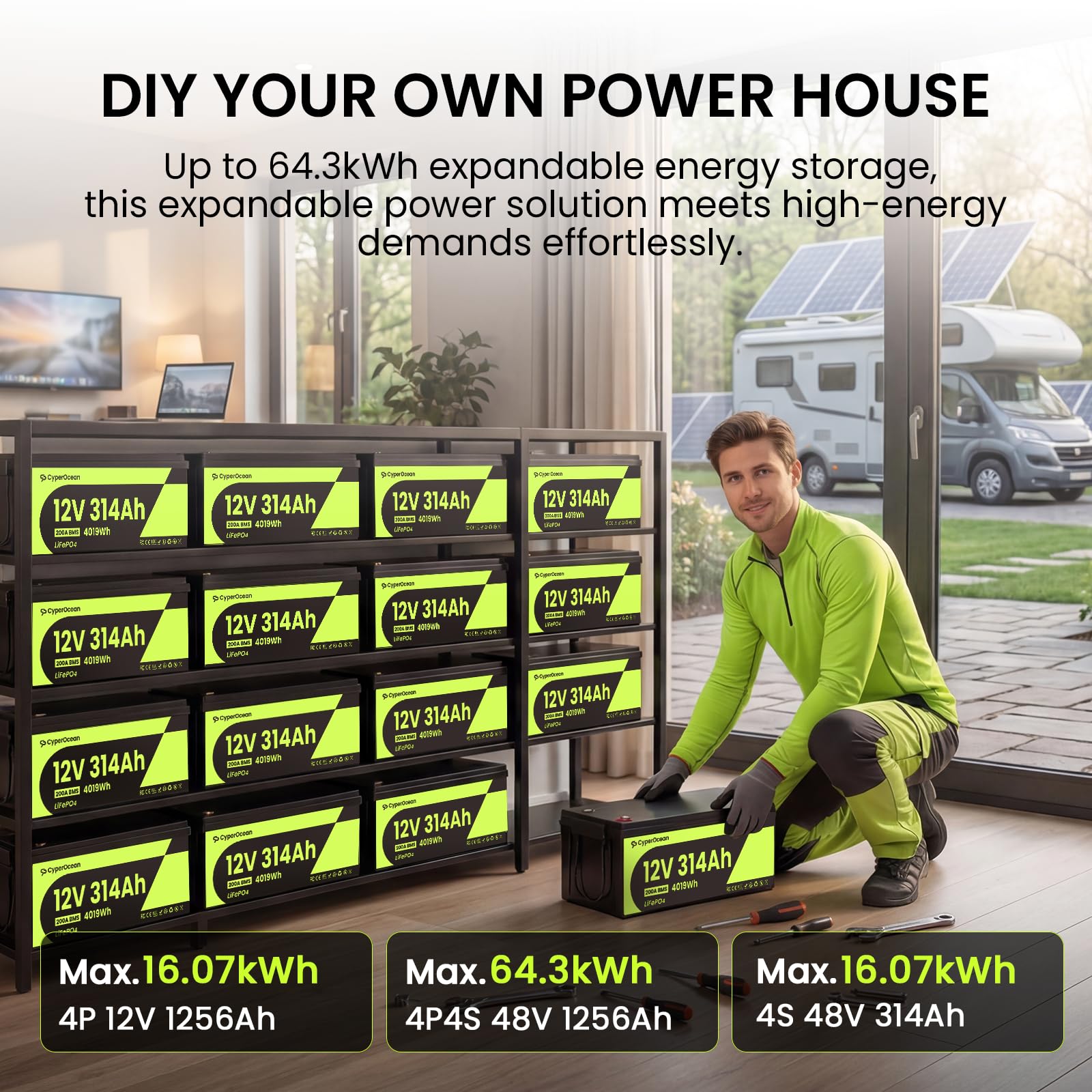 LiFePO4 Batterie 12V 314Ah,4019Wh Lithium Batterie 12V mit 200A BMS Low-Temp Schutz und Max. 15000 Zyklens, Autobatterie für Wohnmobil,Solaranlage Komplettset,Boot